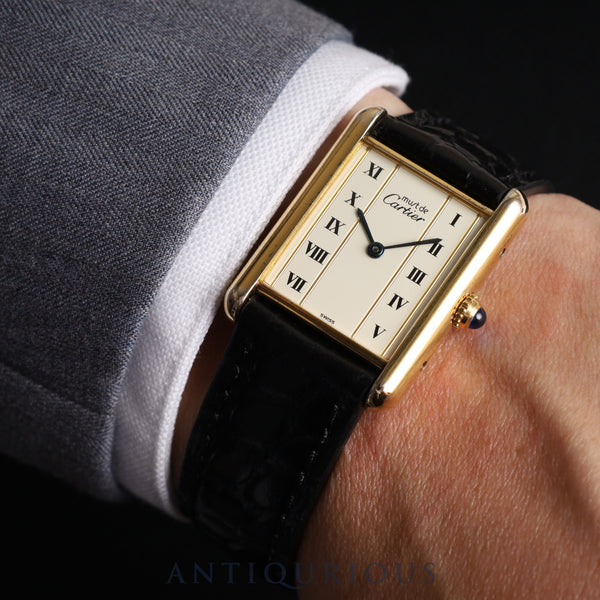 Cartier Must Tank LM 590005 Quartz Cal.690 SV925 Leather Genuine Buckle (GP) Straight Roman Dial Overhauled