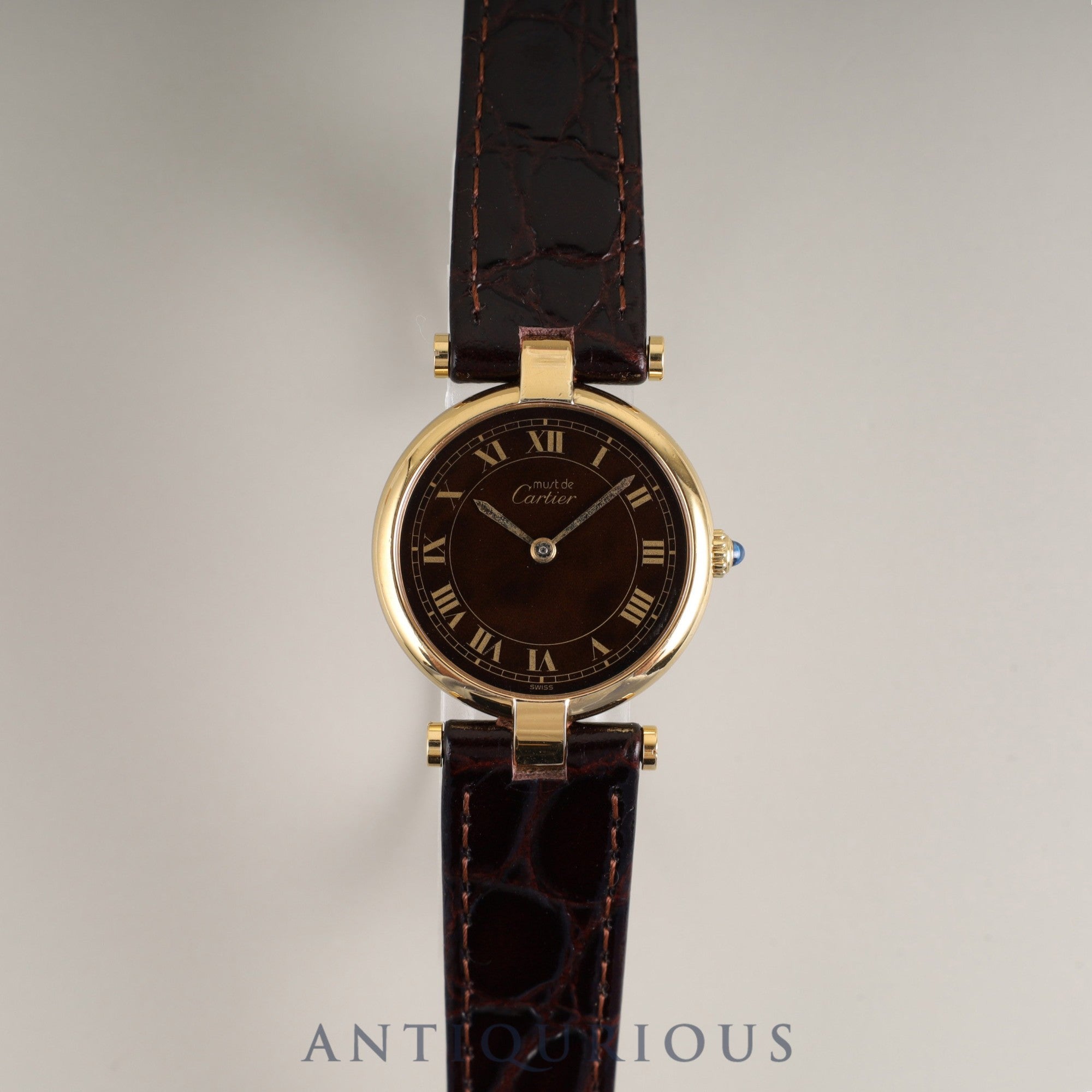 カルティエ マスト ヴァンドーム VLC SM クォーツ Cal.81 SV925 革 純正尾錠(GP) マホガニー文字盤(クラック) オーバーホール済み