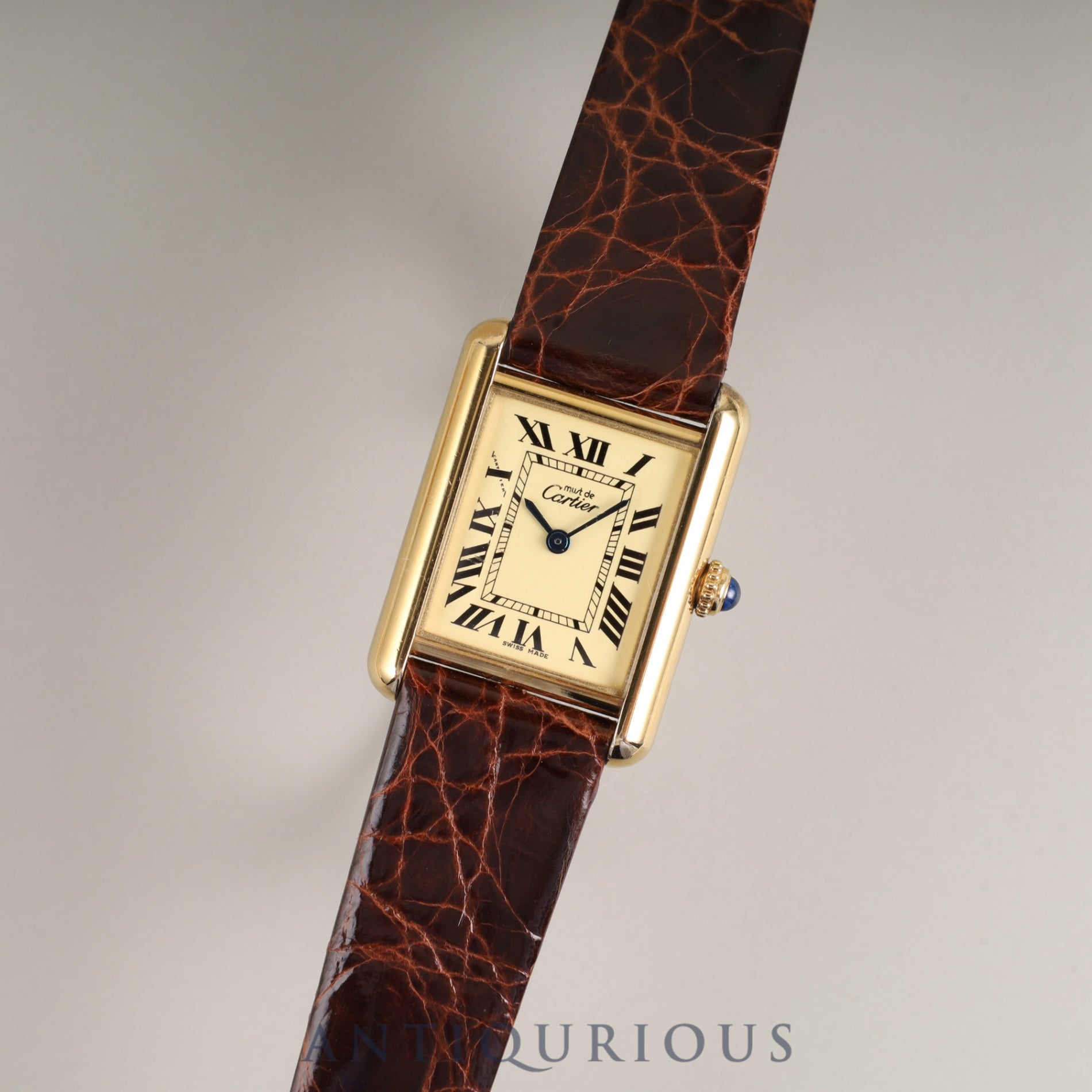 カルティエ マストタンク MM 2415 クォーツ Cal.057 SV925 革 純正尾錠(GP) アイボリーローマン文字盤(ガラス小傷) 箱 冊子 保証書(2004年)オーバーホール済み