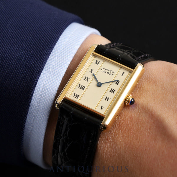 Cartier Must Tank LM W1002653 / 1615 Quartz Cal.690 SV925 Leather Genuine Buckle (GP) Straight Roman Dial Overhauled and Finished to Like New