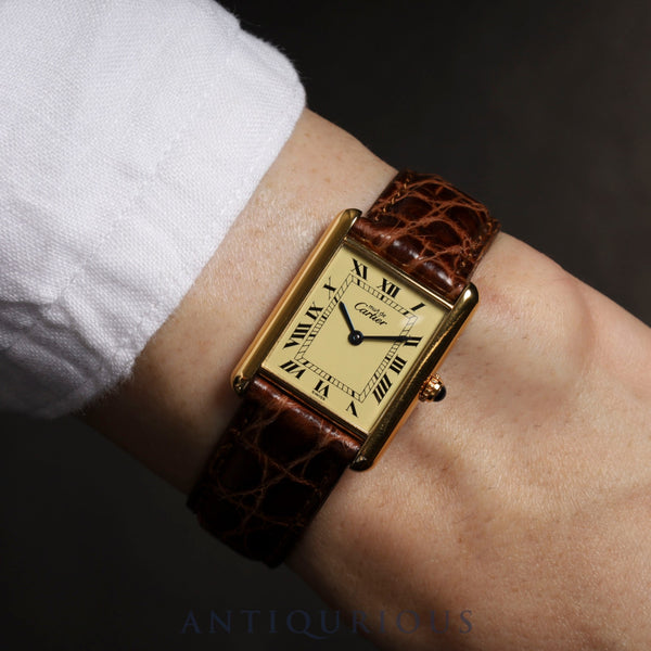 Cartier Must Tank LM 590005 Quartz Cal.90 SV925 Leather Genuine Buckle (GP) Ivory Roman Dial Overhauled