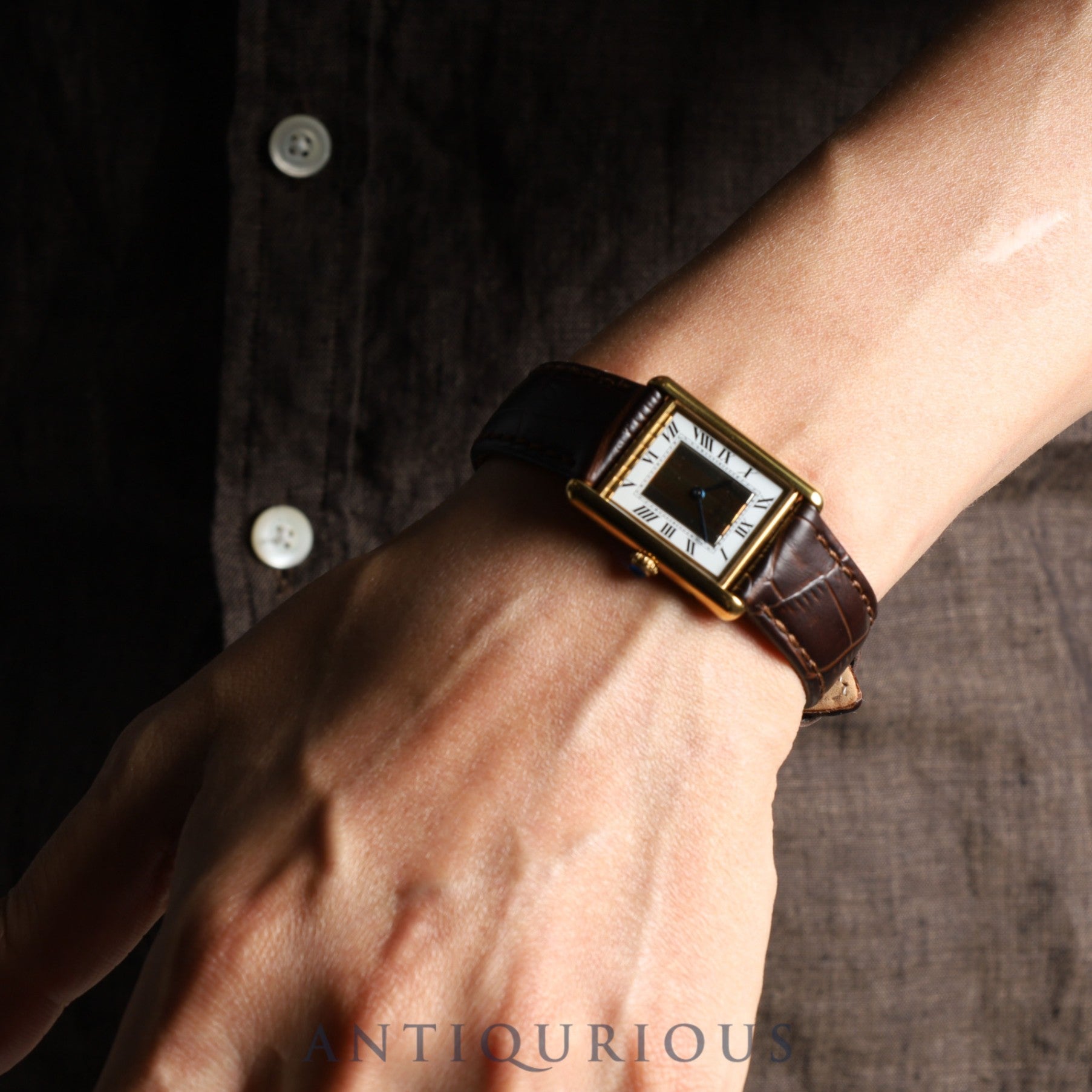 Cartier Must Tank LM 590005 Quartz SV925 Leather Genuine Buckle (GP) Front Trinity Dial Box Booklet Warranty (1990) Complete service completed at Cartier boutique
