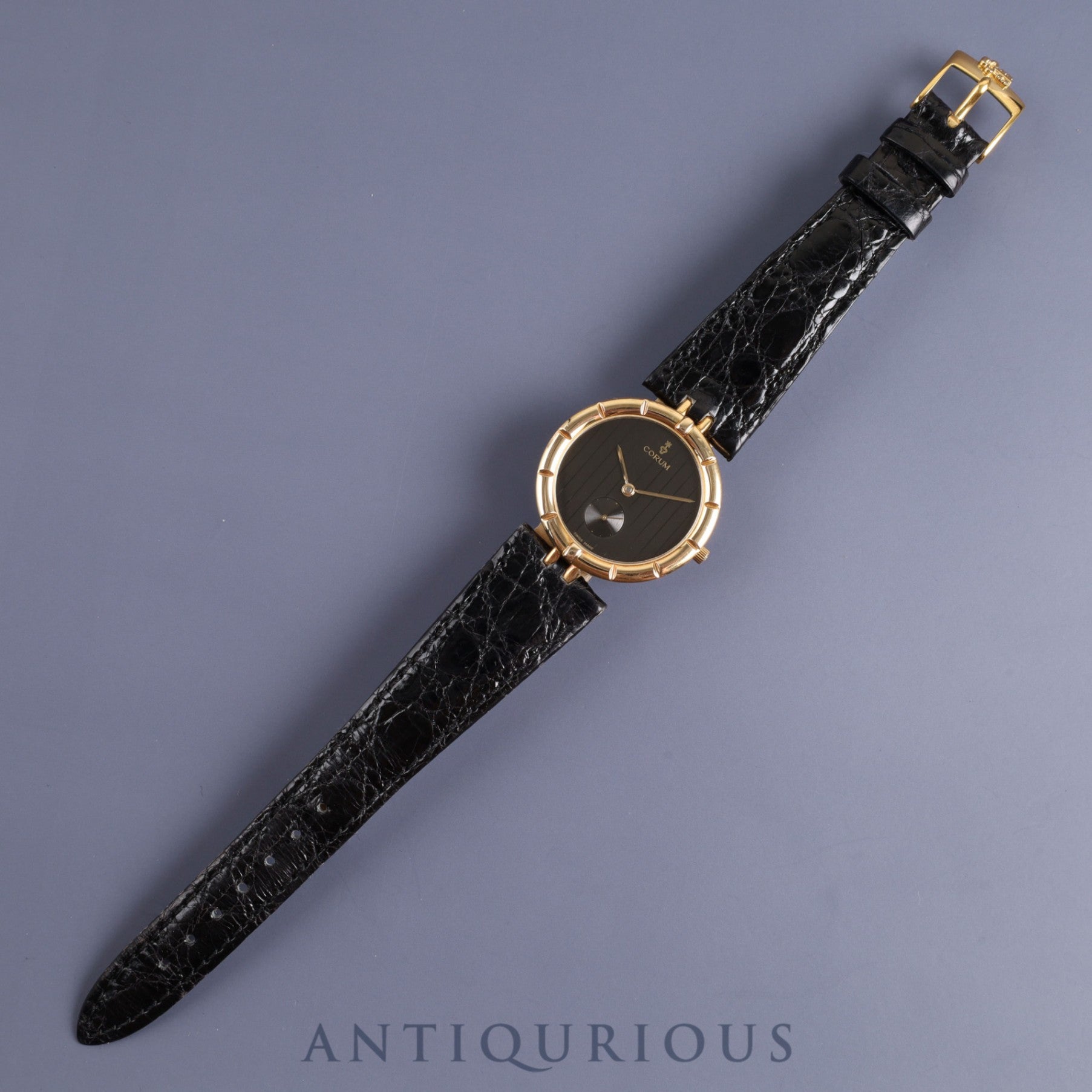 Corum Round 94.129.56 Quartz Cal.211 101 18KYG Leather Genuine Buckle (GP) Black Dial Box Warranty (1991) Overhauled