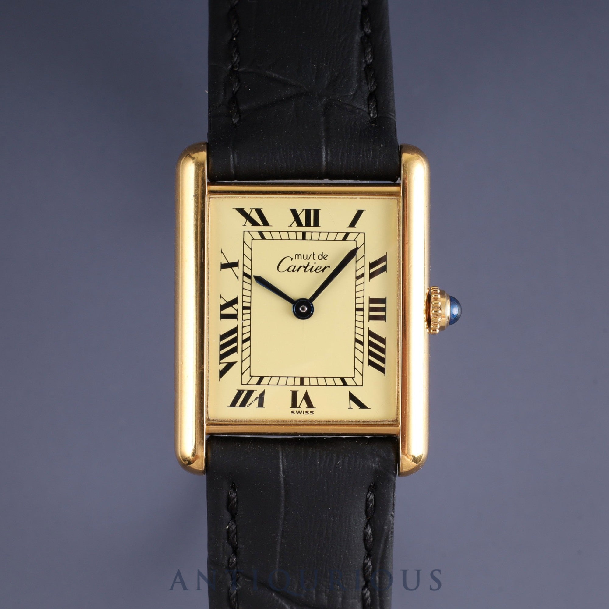 Cartier Must Tank LM 590005 Quartz SV925 Leather Genuine Buckle (GP) Ivory Roman Dial Overhauled