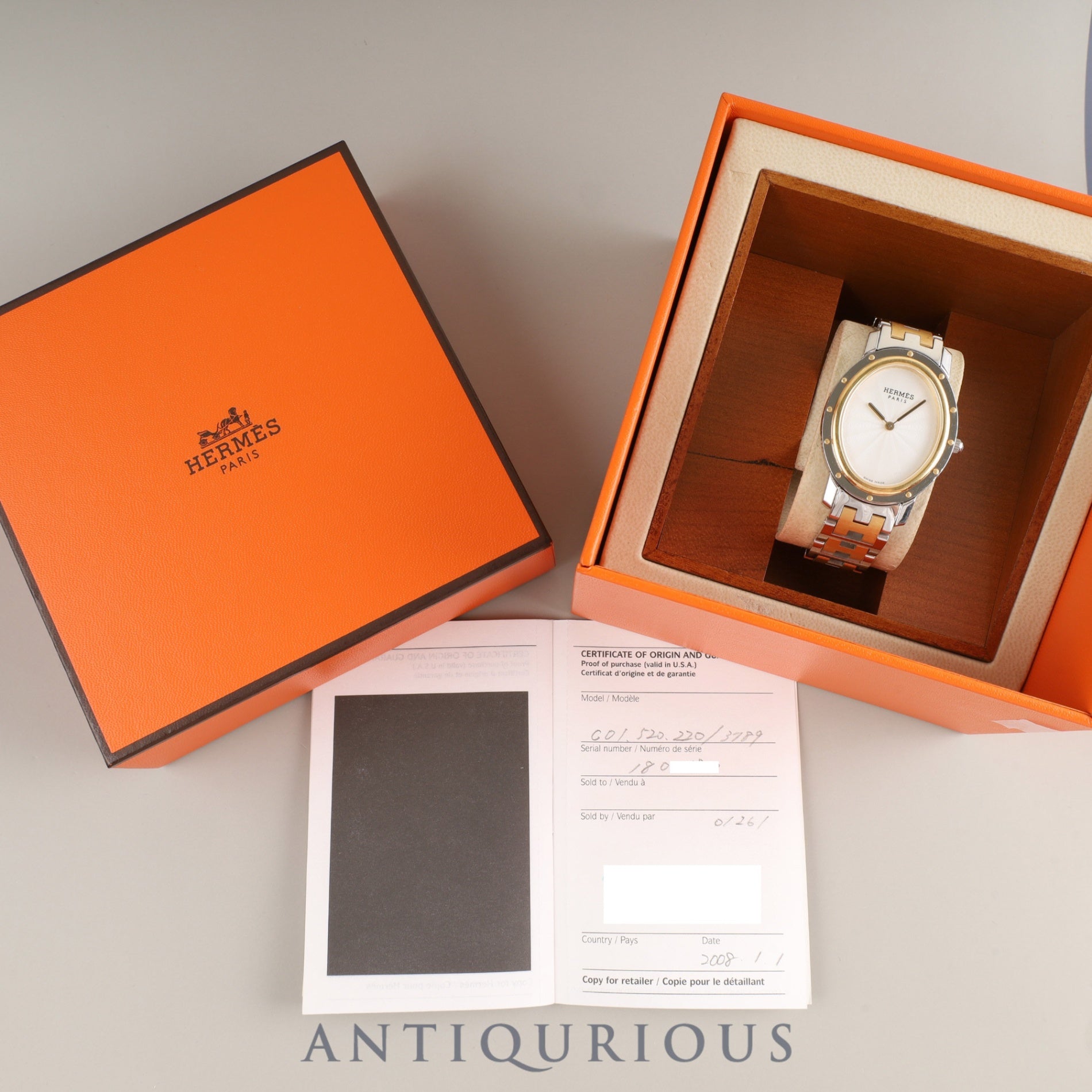 エルメス クリッパー オーバル CO1.520.220 / 3280 クォーツ Cal.976.001 SS/GP ホワイトギョーシェ文字盤 箱 保証書 (2008年)オーバーホール済み