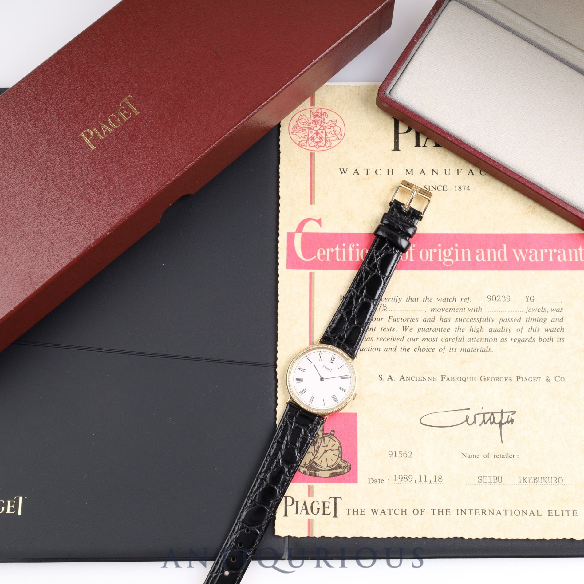 Piaget Round 90239 Manual winding Cal.9P2 YG Leather Genuine buckle (750) White dial Box Warranty (1989)