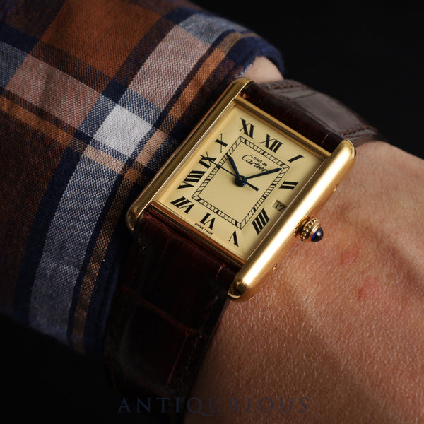 Cartier Must Tank GM (XL) W1017454 / 2413 Quartz Cal.687 SV925 Leather Genuine D-buckle (GP) Ivory Roman dial Warranty (2004) booklet Overhauled