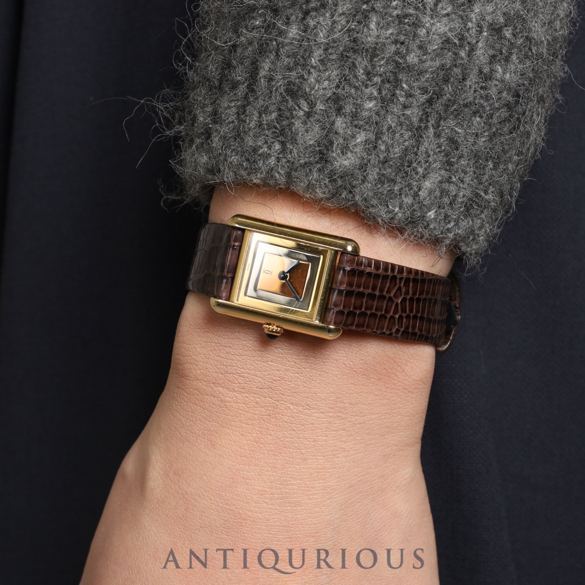 Cartier Must Tank SM 4919123 / 3 66001 Quartz Caliber 057 SV925 Leather Strap with Genuine GP Buckle, Square Trinity Dial, Box, Warranty Card, Overhauled