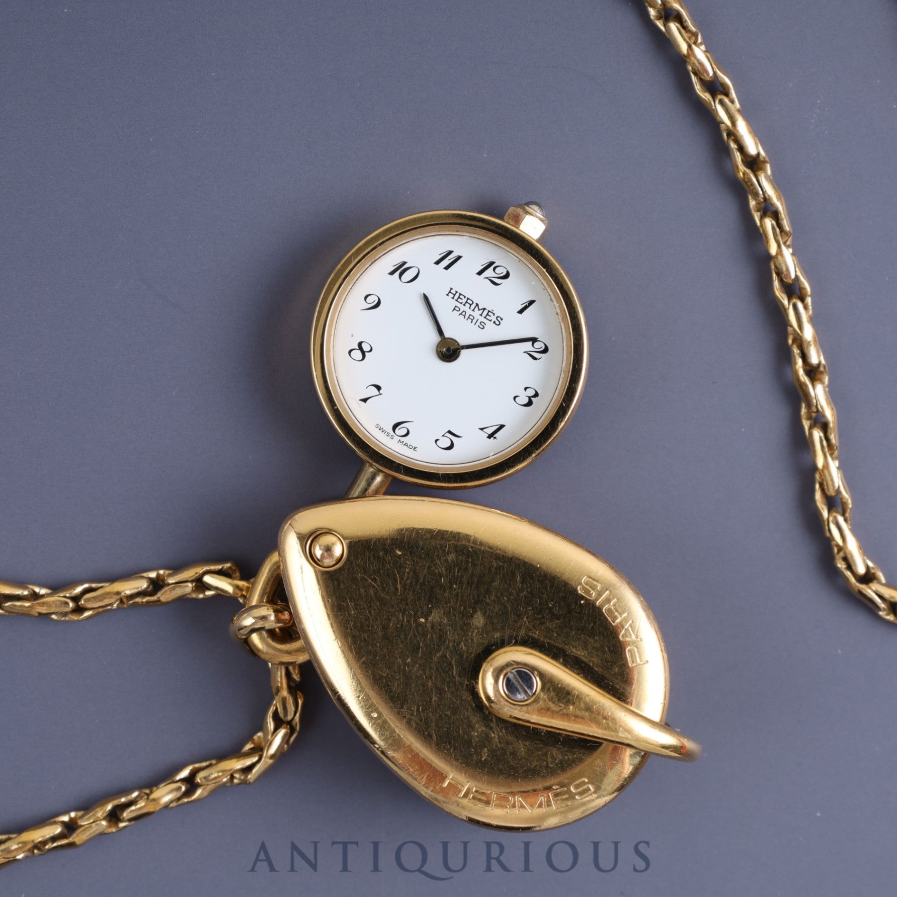 Hermes Pocket Watch Magnifying Glass Quartz GP White Dial