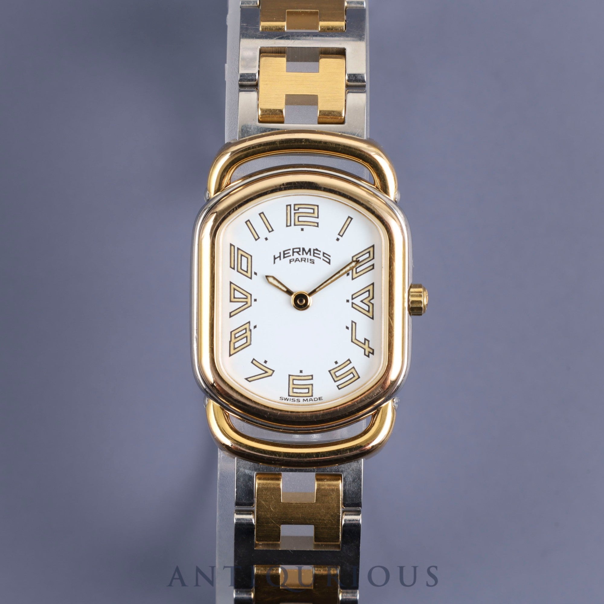 Hermes Rally 770301-4 Quartz Cal.976 001 SS/GP White Dial Warranty (1995) Box Overhauled