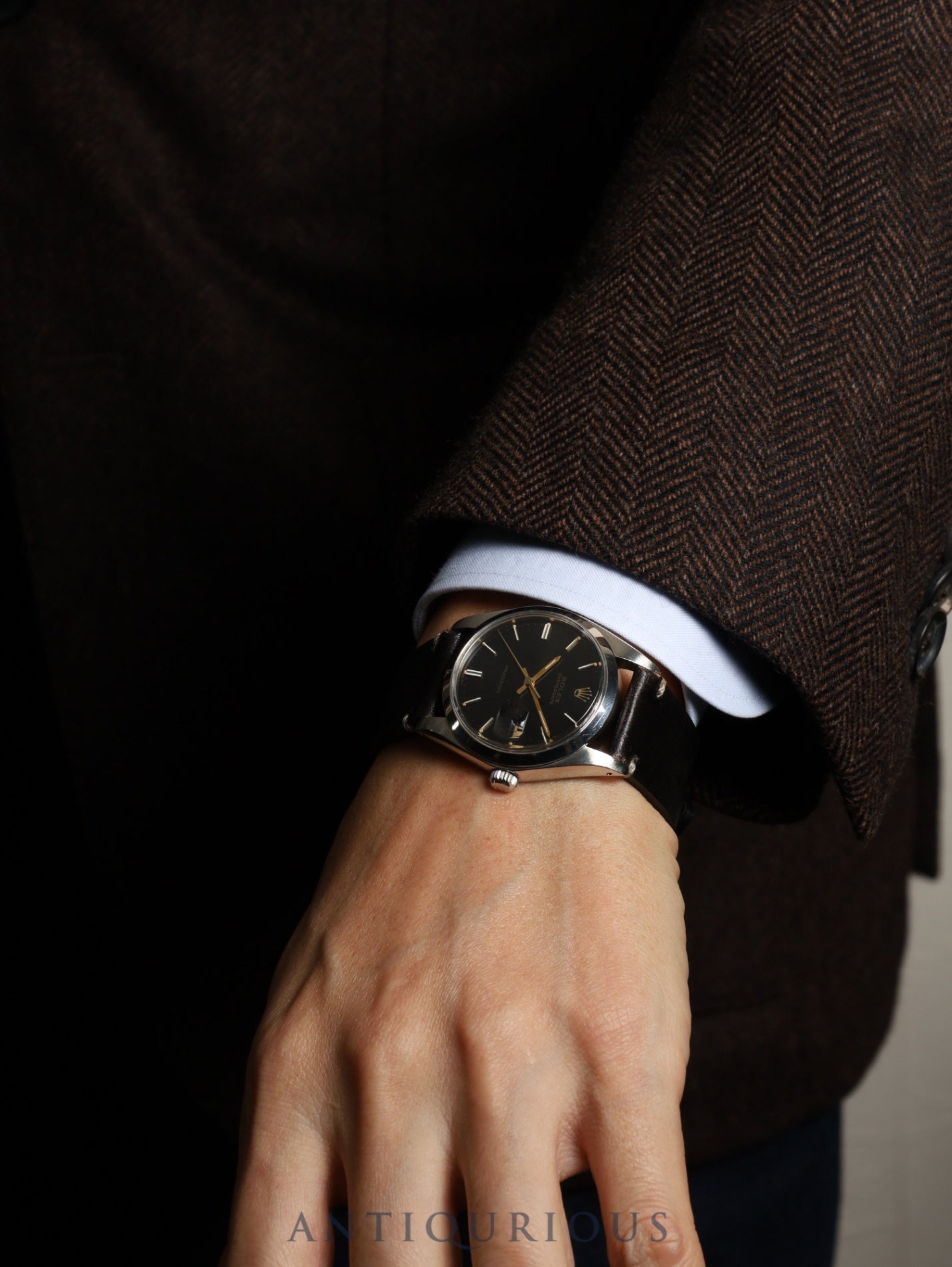 ロレックス オイスターデイトプレシジョン 6694 手巻き Cal.1225 SS 革 社外尾錠(SS) ブラック文字盤 51番(1977年)オーバーホール済み