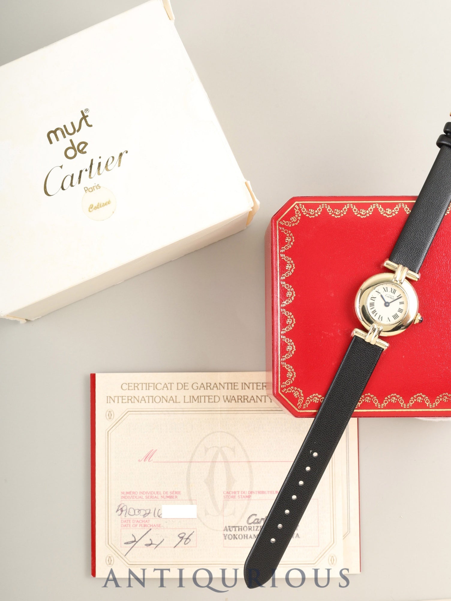 カルティエ マストコリゼ 590002 クォーツ SV925 革 純正尾錠(GP) アイボリーローマン文字盤 24mm 箱 冊子 保証書(1996年)カルティエブティックにてコンプリートサービス(フルメンテナンス)済み