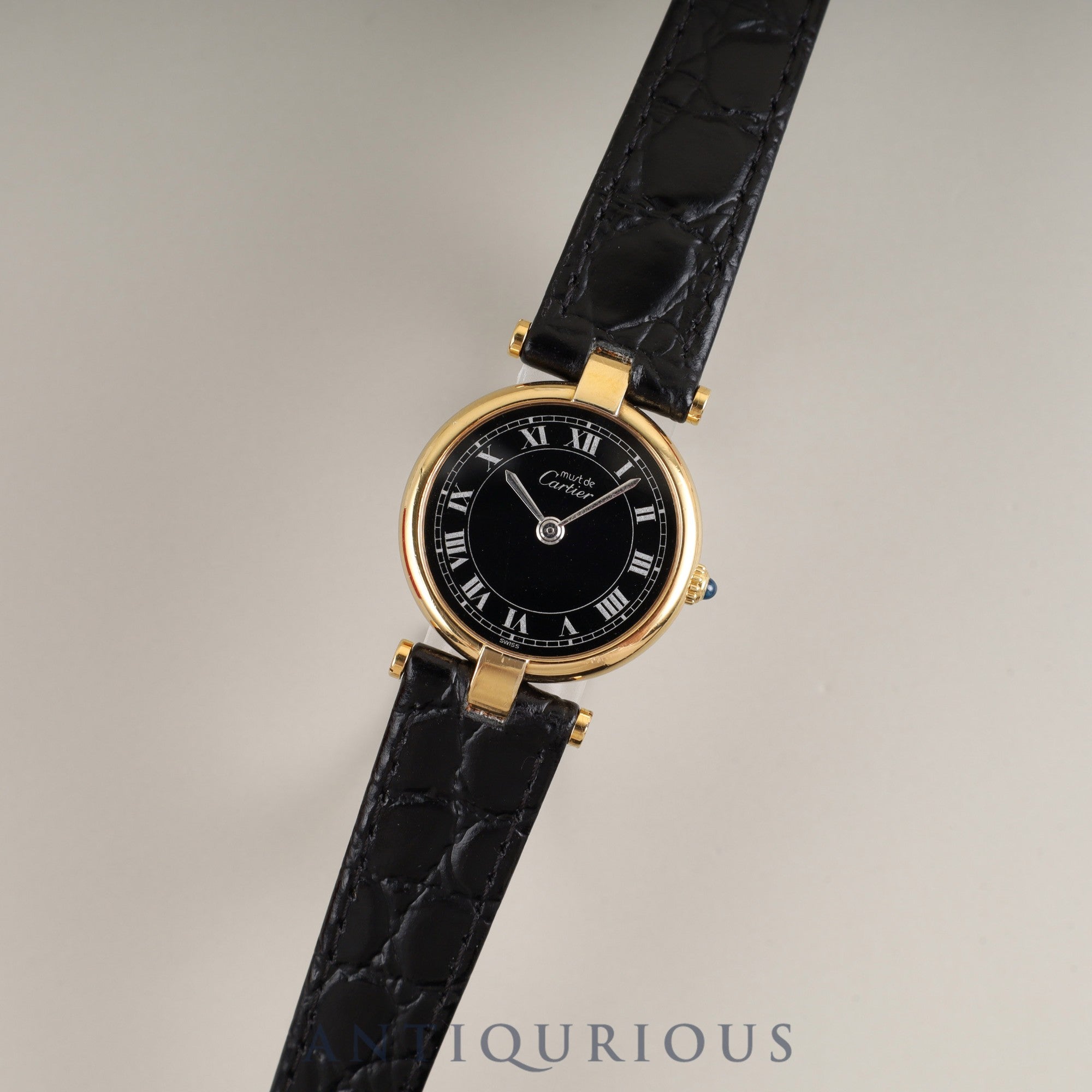 Cartier Must Vendôme VLC SM 18 Quartz Cal.81 SV925 Leather Strap with Genuine GP Buckle, Black Roman Dial, Box, Overhauled