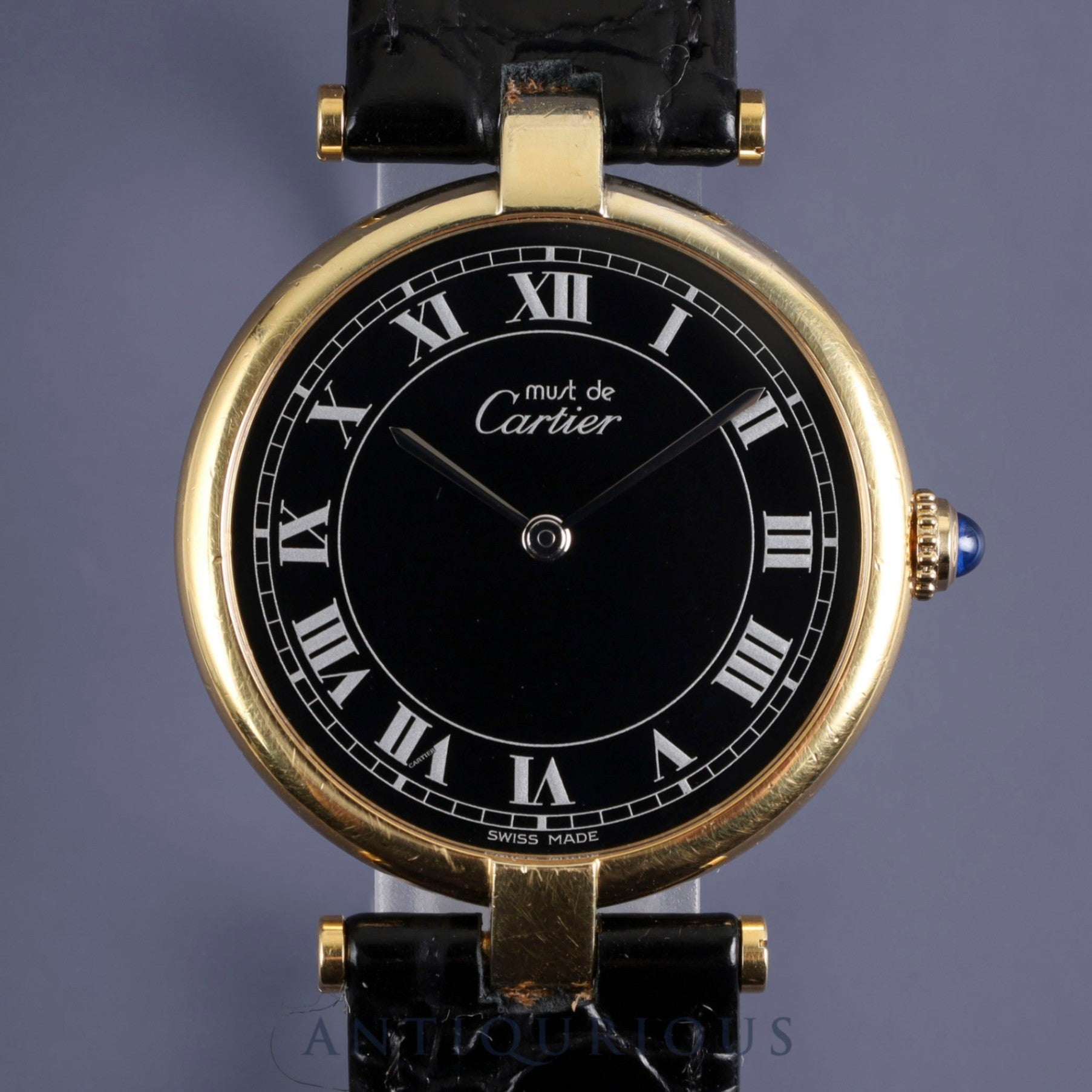 カルティエマスト ヴァンドーム VLC LM 83978913 クォーツ SV925 革 純正尾錠(GP) ブラックローマン文字盤 保証書(1987年) カルティエブティックにてコンプリートサービス(フルメンテナンス)済み