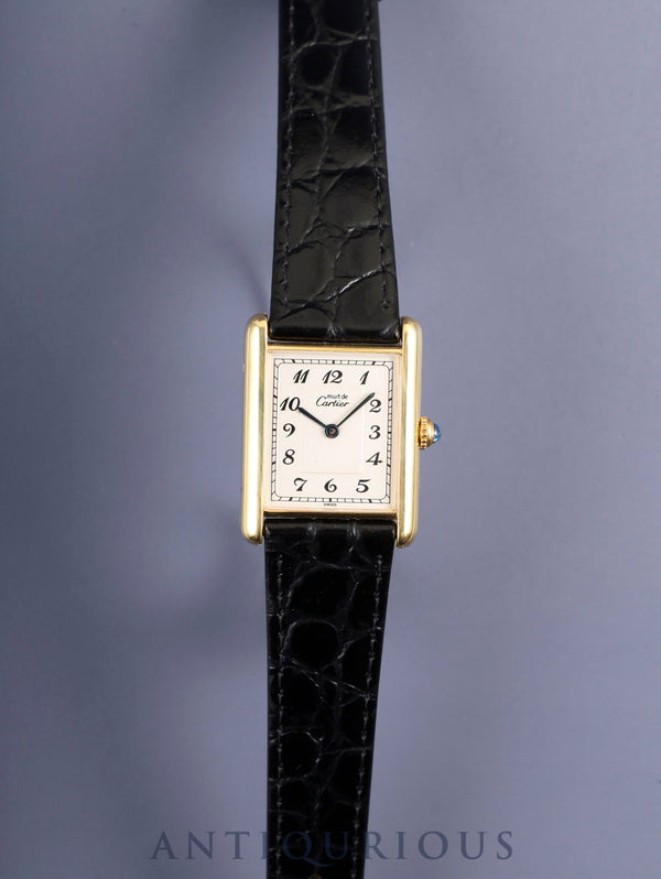 Cartier Must Tank LM 590005 Quartz Caliber 90 SV925 Leather Strap with Genuine GP Buckle Arabic Dial Circa 1982-1995 Overhauled and Finished to Like New