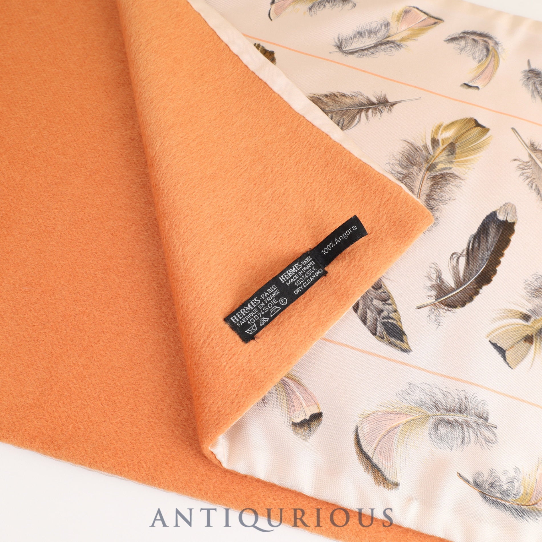 エルメス マフラー アンゴラ100% / SILK100% フェザー オレンジ リバーシブル