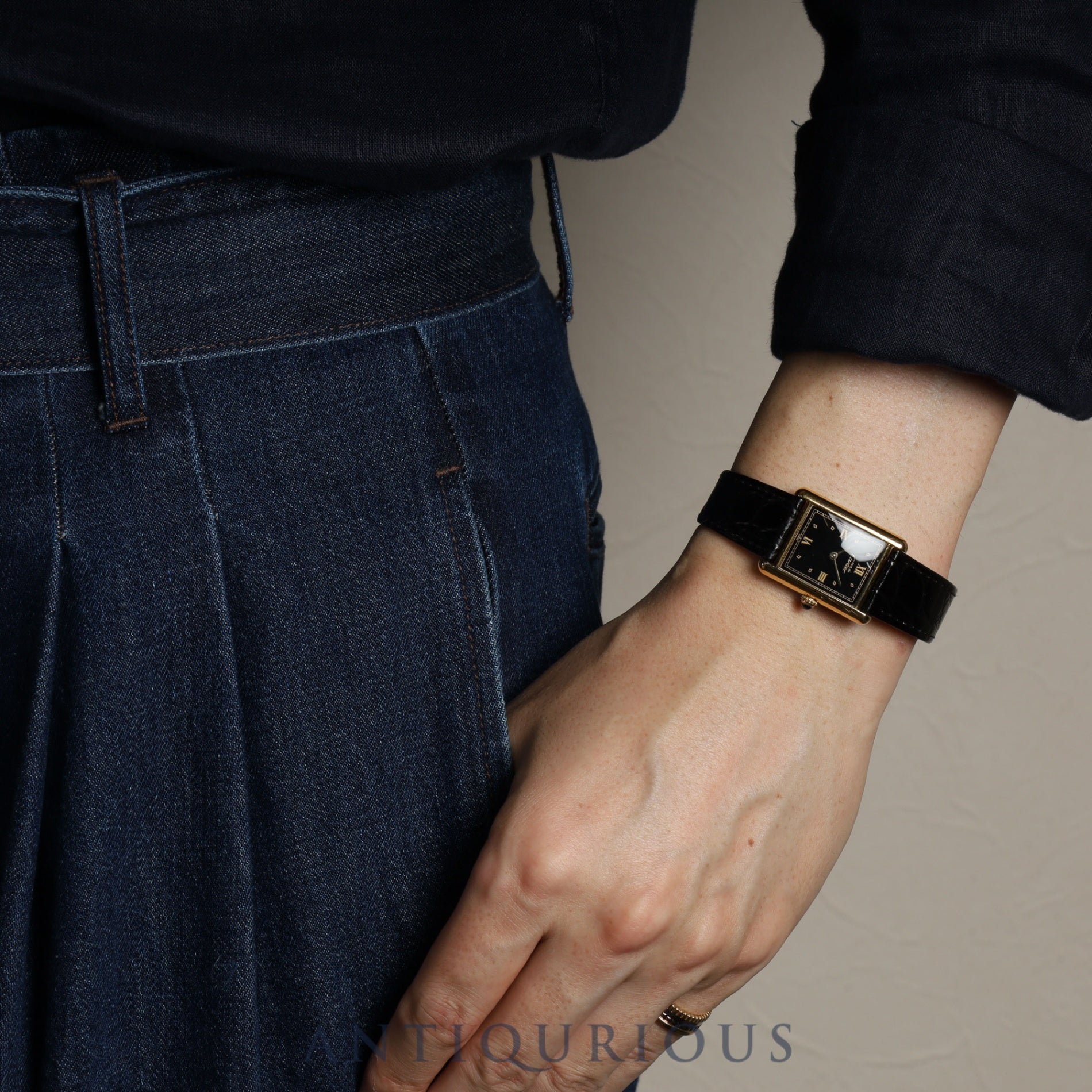 Cartier Must Tank LM 590005 Quartz Caliber 90 SV925 Leather Strap with Genuine GP Buckle, Black Roman Dial, Overhauled