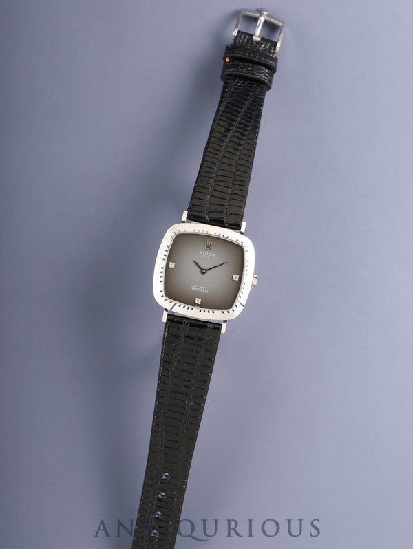 ロレックス チェリーニ 4084 手巻き Cal.1601 革 750WG 純正ピンバックル(SS)グレー3Pダイヤ文字盤 43番台(1975年)箱 保証書(1990年)オーバーホール済み