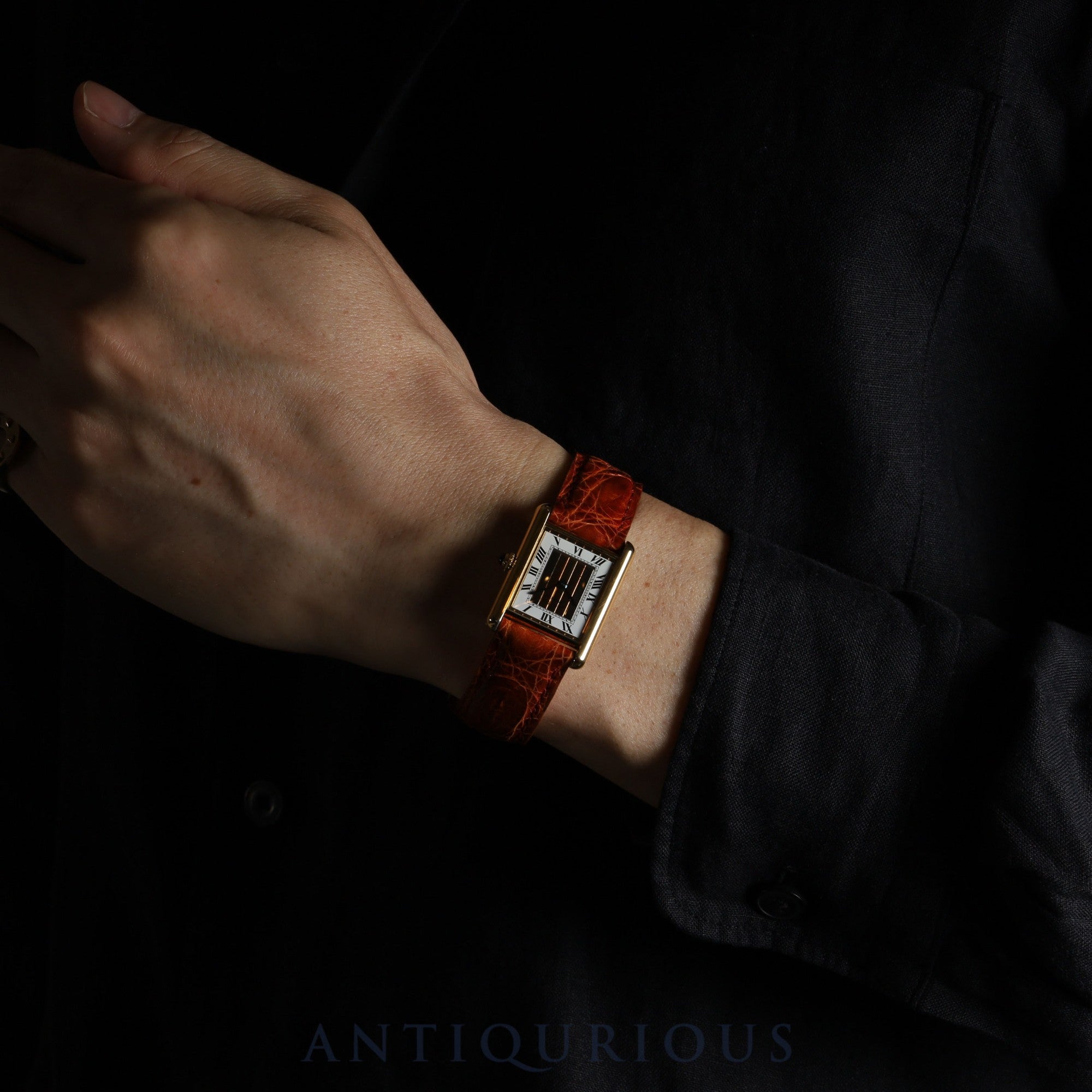 Cartier Must Tank LM 590005 Quartz Caliber 690 SV925 Leather Strap with Genuine GP Buckle, Front Trinity Dial, Overhauled