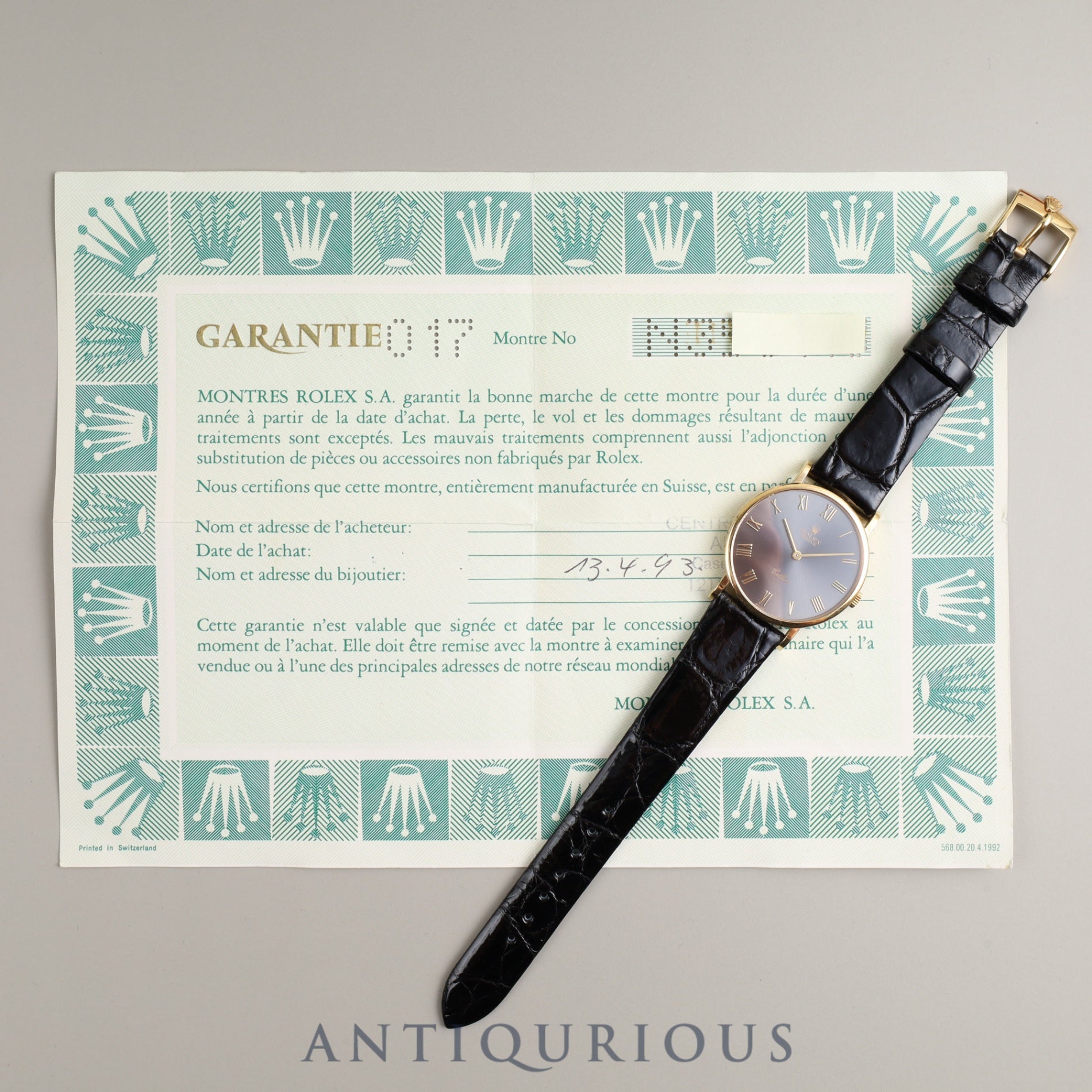 ロレックス チェリーニ 5112/8 手巻き Cal.1601 18KYG 革 純正尾錠(750)グレー文字盤 N番 1991年 保証書(1993年)