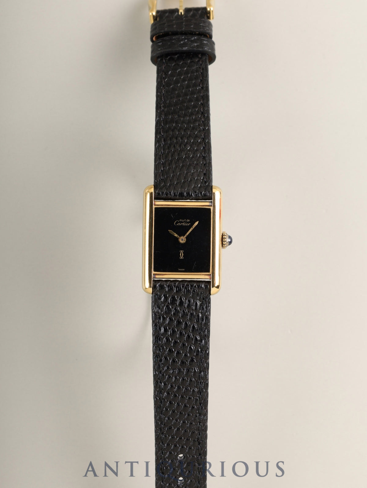 Cartier Must Tank SM Manual Winding Caliber 78-1 SV925 Leather Watch with Genuine Pin Buckle (GP) Onyx Dial (SWISS Marking) Overhauled