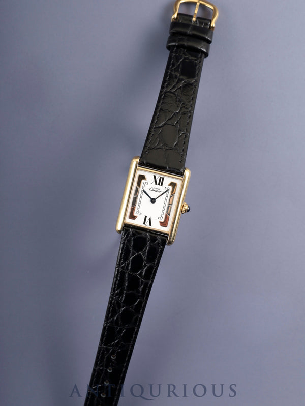 Cartier Must Tank LM 590005 Quartz Caliber 90 SV925 Leather Strap with Genuine GP Buckle, Side Trinity Dial (SWISS Marking), Overhauled