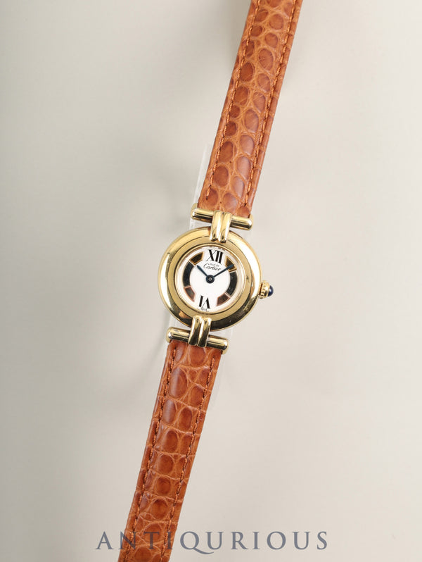 Cartier Must Colisee W1006654 / 590002 Quartz SV925 Leather Strap with Genuine D-Clasp (GP) Buckle, Side Trinity Dial, Overhauled