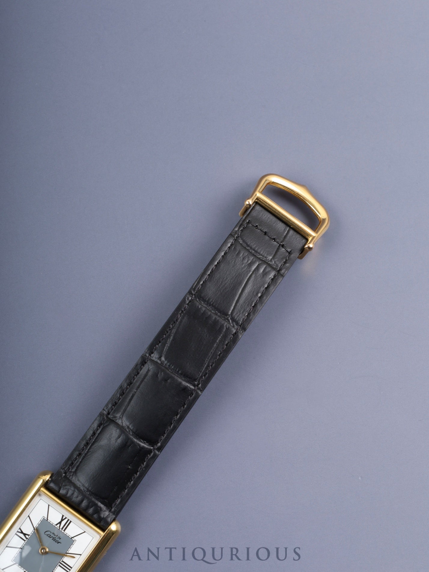 Cartier Must Tank LM 590005 Quartz Caliber 90 SV925 Leather Strap with Genuine D-buckle (GP) Gray Roman Dial with Center Drop, Overhauled and Finished to Look Like New