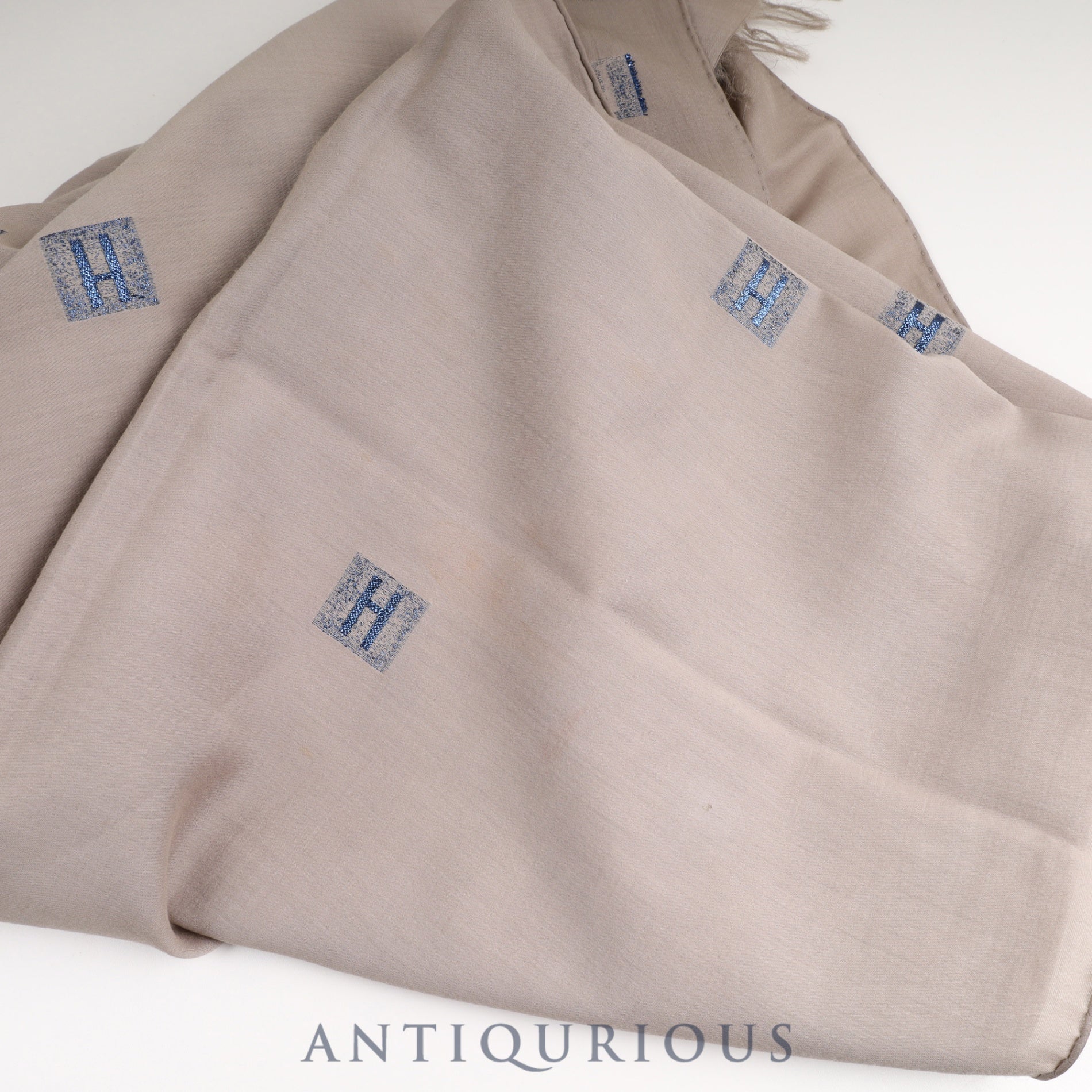 Hermes scarf with H logo, beige, blue glitter, box