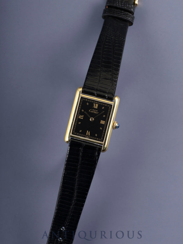 Cartier Must Tank LM 590005 Quartz Cal.90 SV925 Leather Genuine Buckle (GP) Black Roman Dial Overhauled Newly Finished