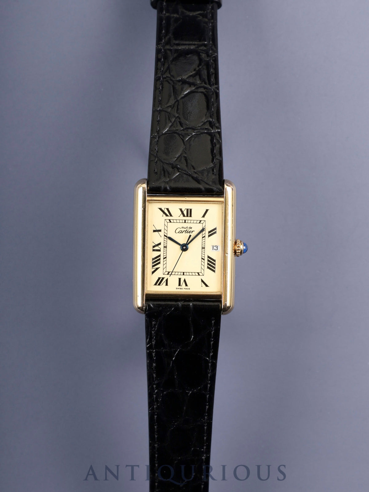 Cartier Must Tank GM (XL) 2413 Quartz Caliber 687 SV925 Leather Strap with Genuine GP Buckle, Ivory Roman Dial (SWISS MADE Marking), Overhauled