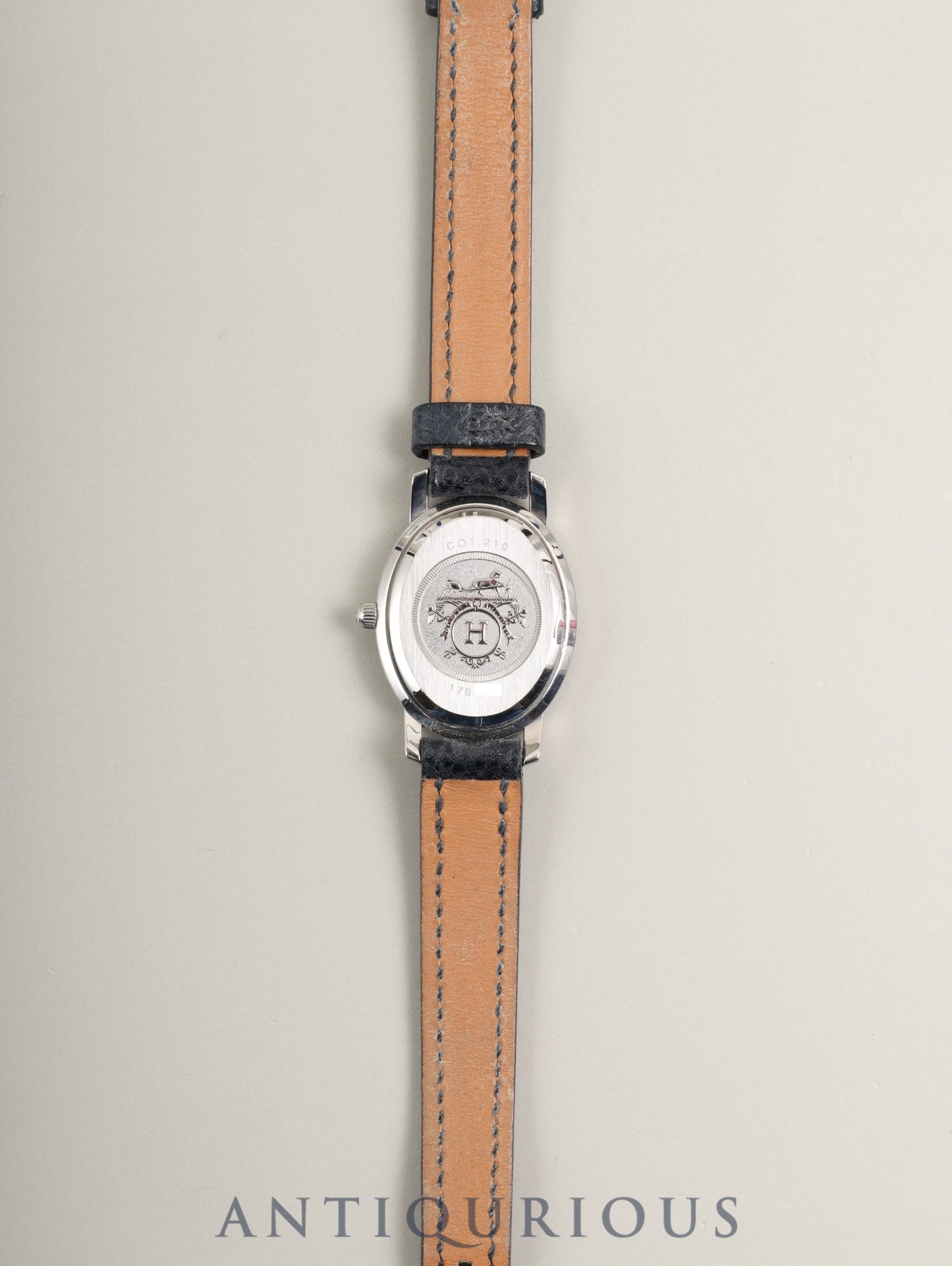 Hermes Clipper Oval CO1.210 Quartz Cal.976.001 Stainless Steel, Original Strap (□E stamp: 2001), Original Pin Buckle (Stainless Steel), Black Dial, Case Overhauled