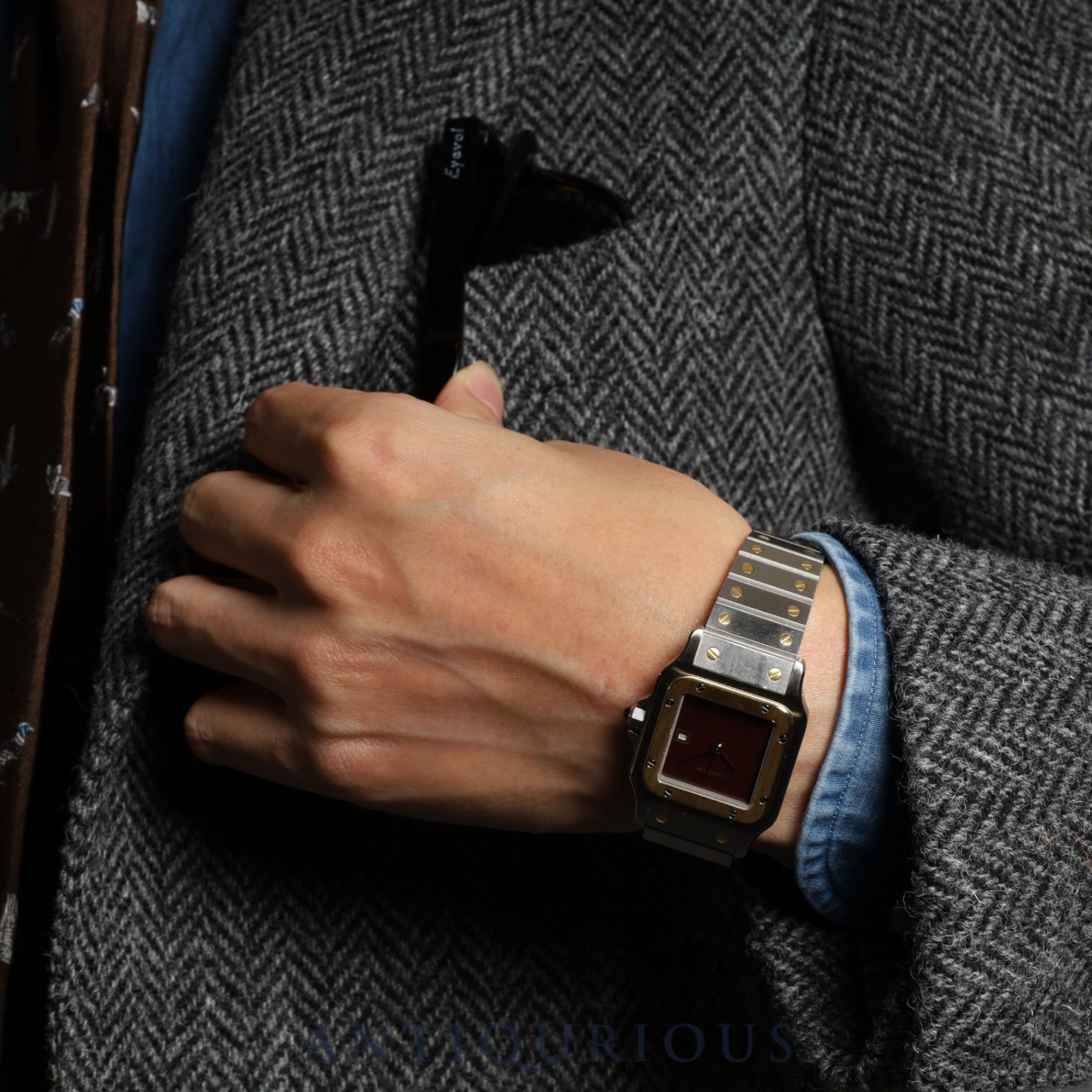 Cartier Santos Galbee LM 2961 Automatic, Stainless Steel/Yellow Gold, Garnet Dial, Bordeaux Dial, Completely Serviced (Full Maintenance) at a Cartier Boutique