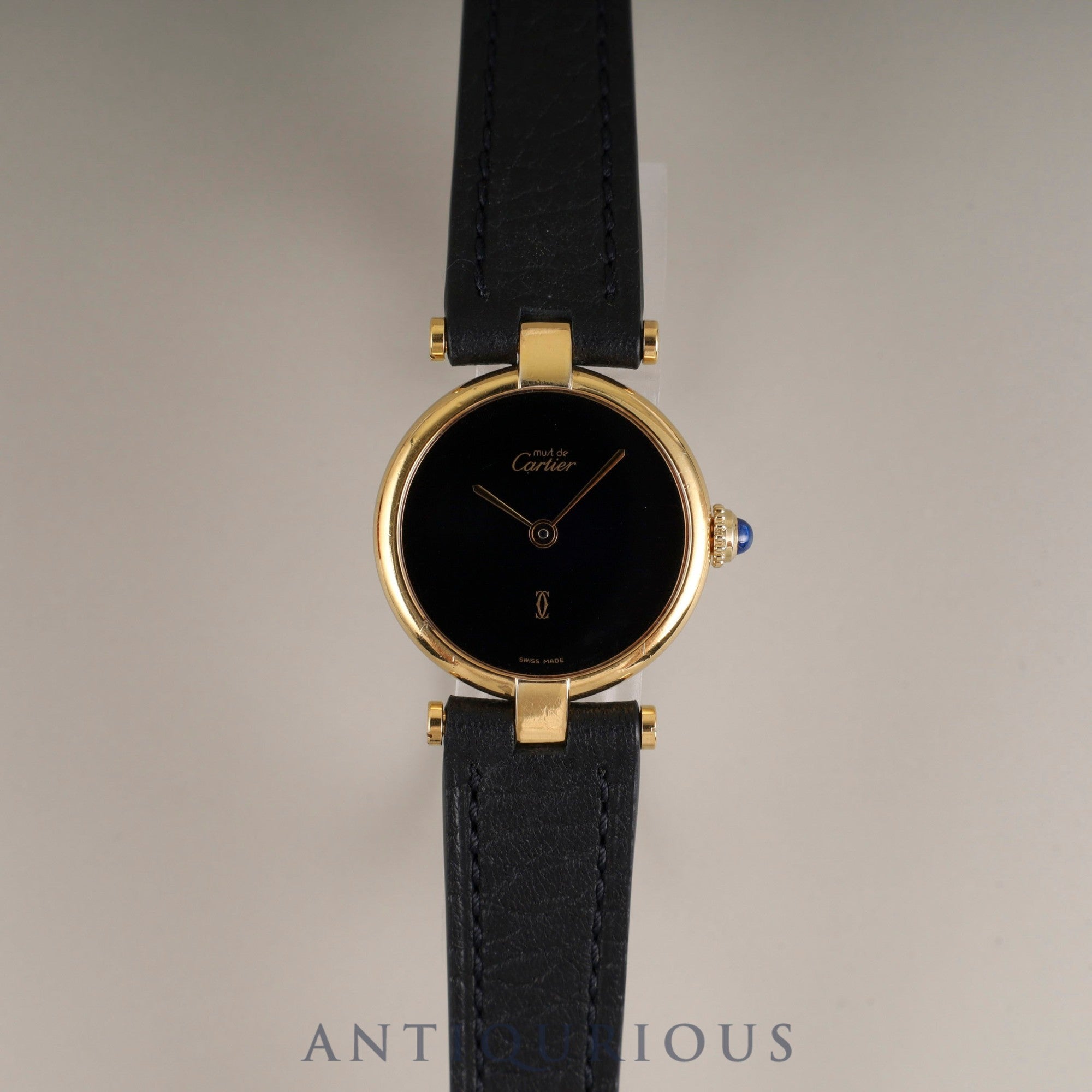 カルティエ マスト ヴァンドーム VLC SM クォーツ SV925 革 純正尾錠(GP) オニキス文字盤 箱 冊子 タグ 保証書(1985年) カルティエブティックにてコンプリートサービス済み