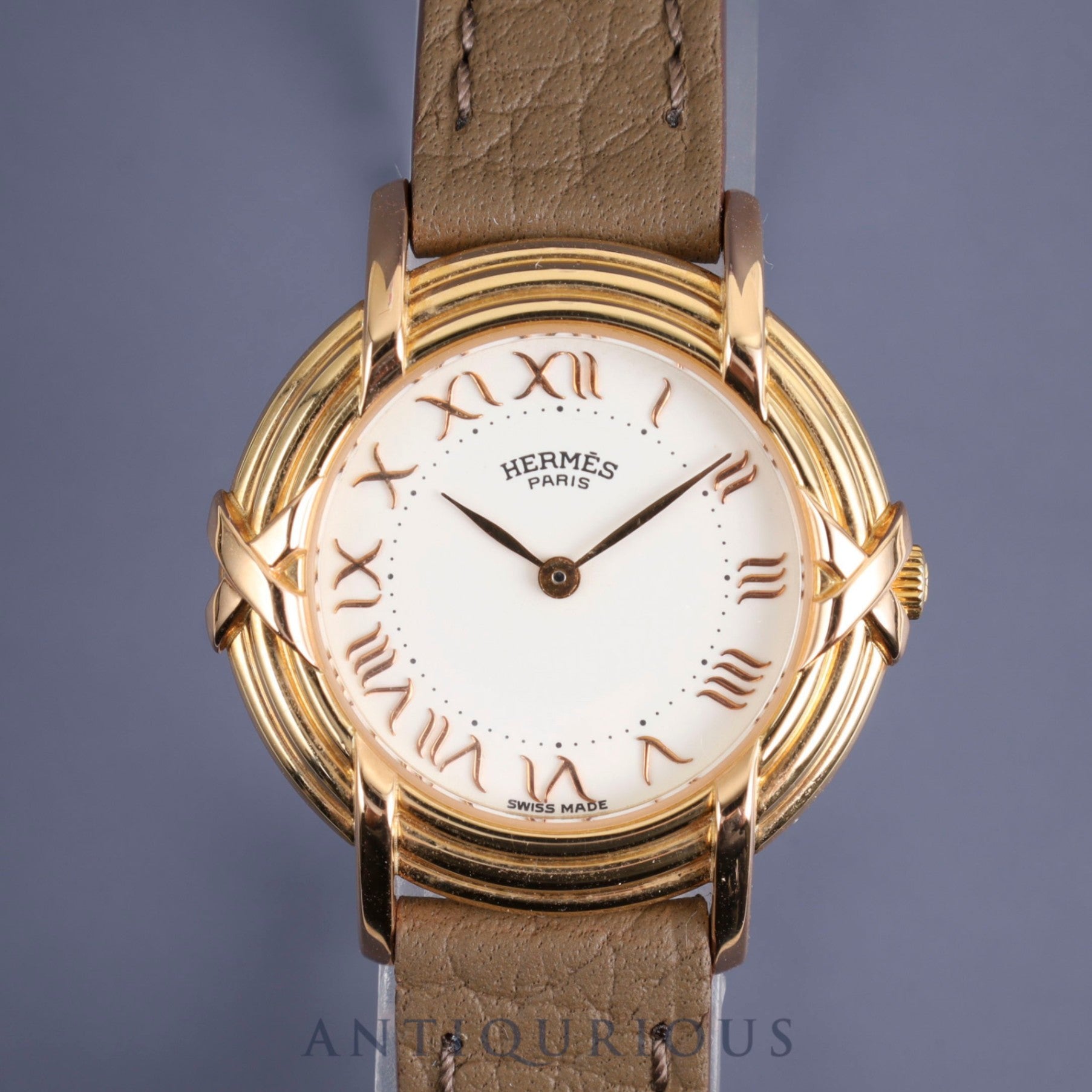 Hermes Ruban 06.32 Quartz Cal.976.001 YG Leather Genuine Buckle (GP) White Dial Overhauled