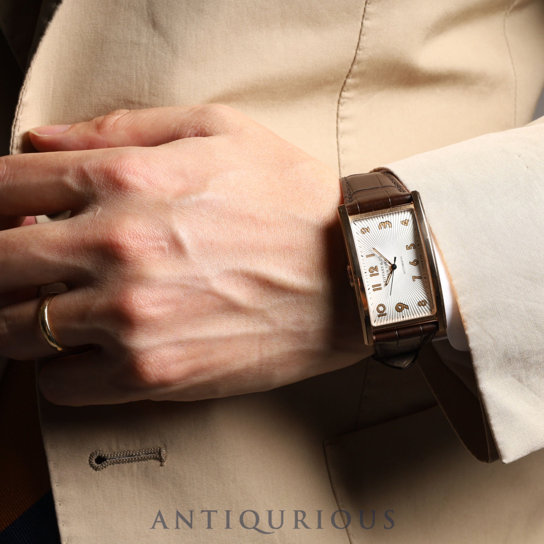 Tiffany East West Automatic PG Leather Silver Dial