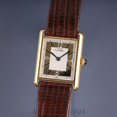 カルティエ マストタンク LM 500本限定 1615 クォーツ Cal.90 SV925 革 純正尾錠(GP) ゴールドセクター文字盤 オーバーホール済み