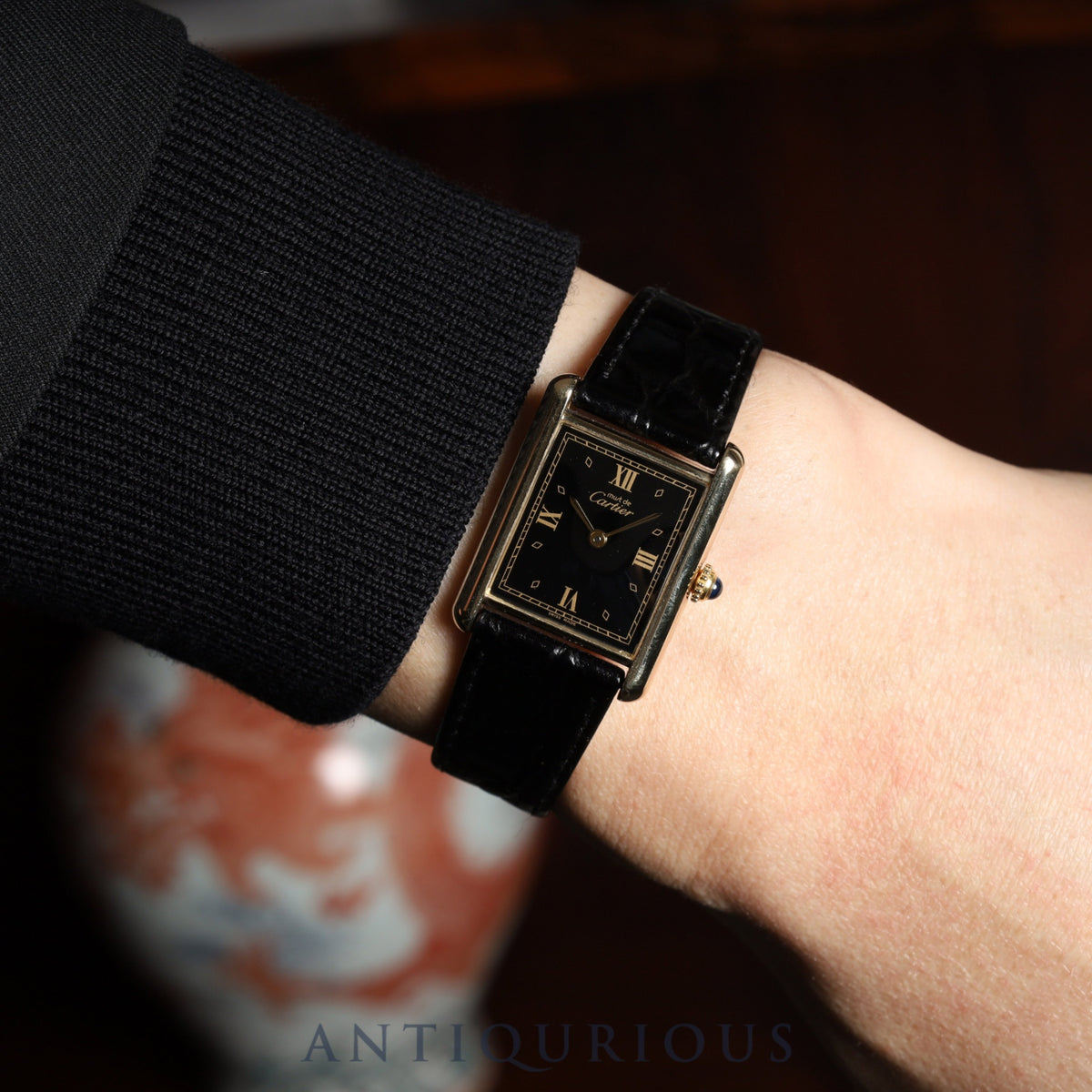 Cartier Must Tank LM 590005, Quartz Caliber - SV925, Leather, Genuine Buckle (GP), Black Roman Dial, Circa 1982-1995, Completely Serviced at a Cartier Boutique