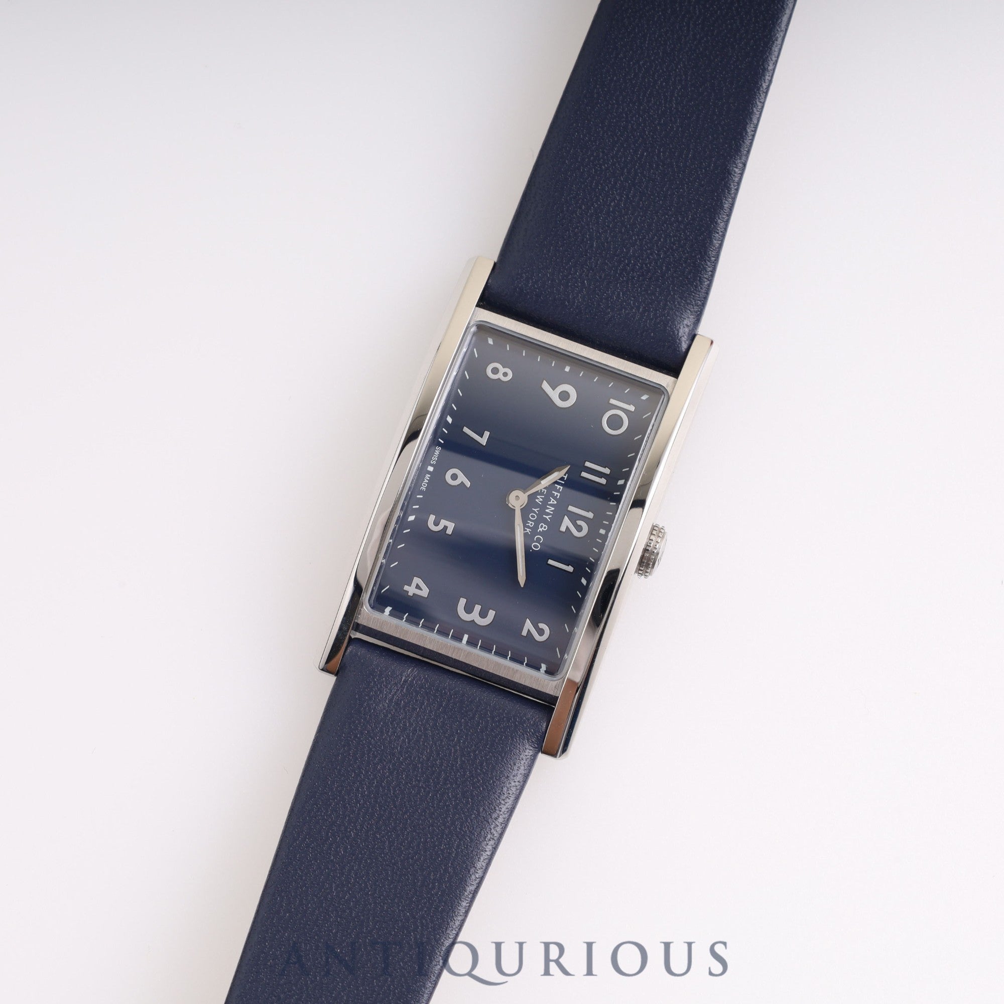 Tiffany East West Mini 3668644 Quartz Genuine Leather Strap Navy Dial Replacement Long Strap Included