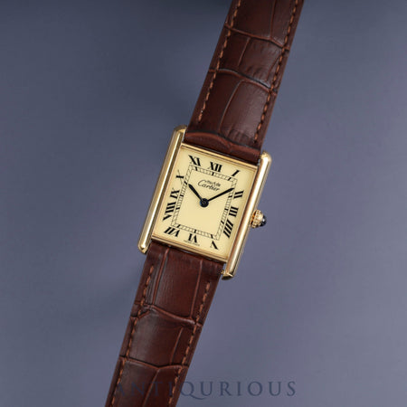Cartier Must Tank LM 1615 Quartz Caliber - SV925 Leather Strap with Genuine D-Clasp (GP) Buckle, Ivory Roman Dial, Circa 1996-1998, Completely Serviced at a Cartier Boutique