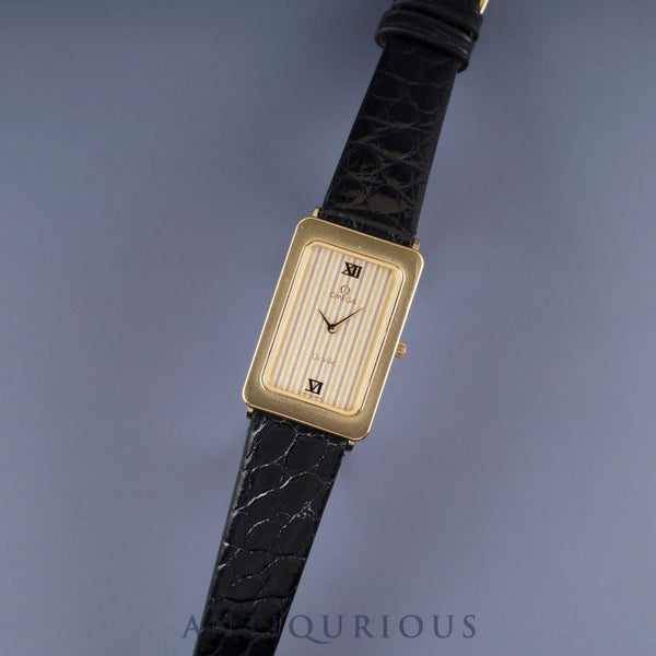 オメガ デ・ヴィル 195.0051 クォーツ Cal.1455 GP 革 社外尾錠(GP)ゴールドストライプ文字盤 オーバーホール済み