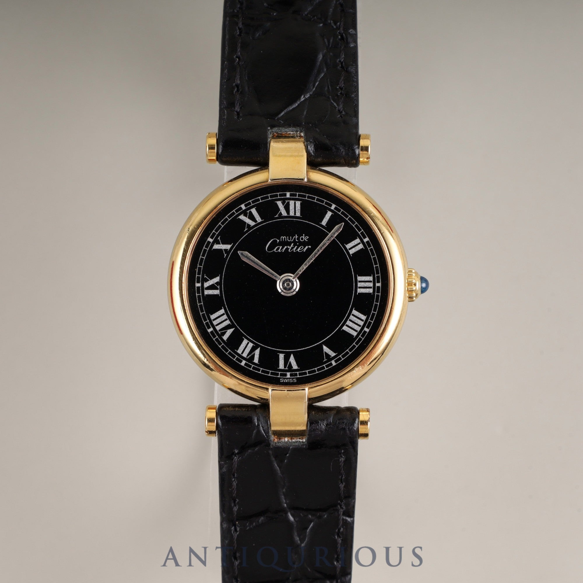Cartier Must Vendôme VLC SM 18 Quartz Cal.81 SV925 Leather Strap with Genuine GP Buckle, Black Roman Dial, Box, Overhauled