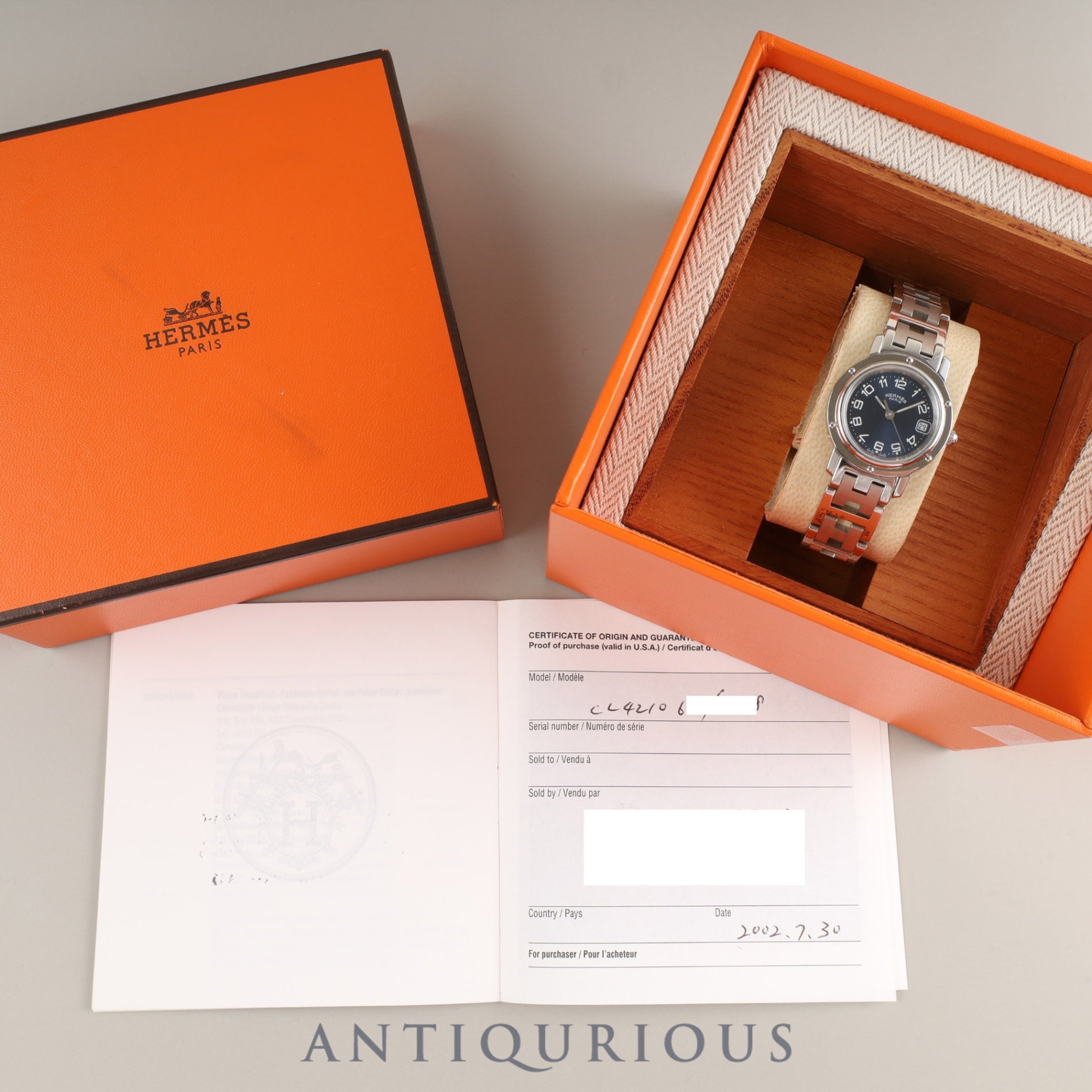 エルメス クリッパー CL4.210 クォーツ SS SS ブルーアラビア文字盤 箱 保証書(2002年)オーバーホール済み