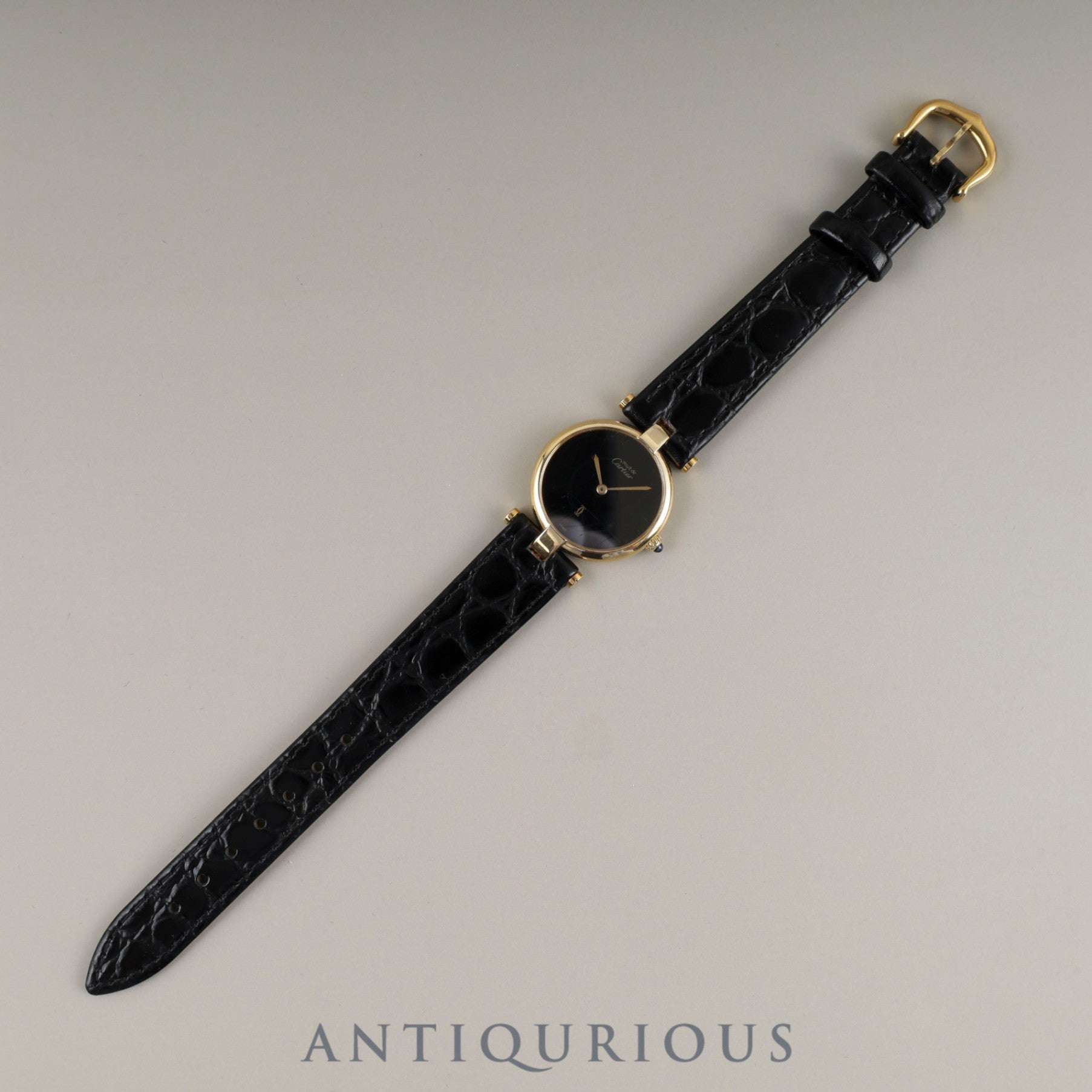 Cartier Must Vendôme VLC SM Quartz Cal.81 SV925 Leather Strap with Genuine GP Buckle, Onyx Dial, Overhauled