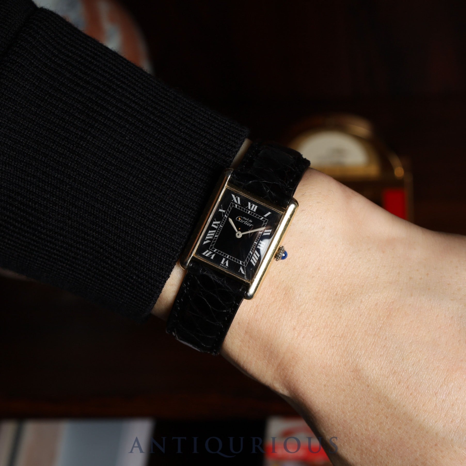 Cartier Must Tank LM Manual Winding SV925 Leather Watch with Genuine GP Buckle, Black Roman Dial, Overhauled