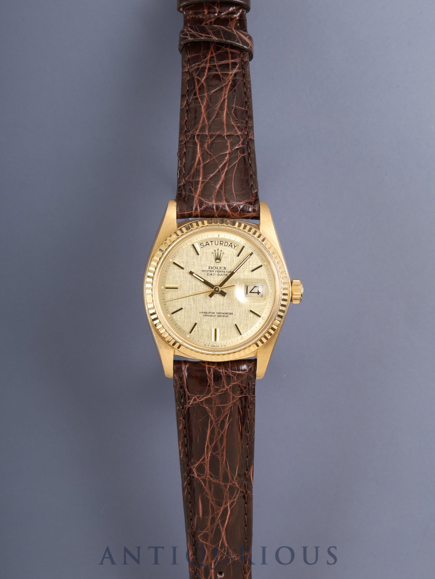 ロレックス デイデイト 1803 自動巻き Cal.1556 750YG 革 純正ピンバックル(GP)シグマダイアル シャンパン文字盤 34番台(1971年)オーバーホール済み