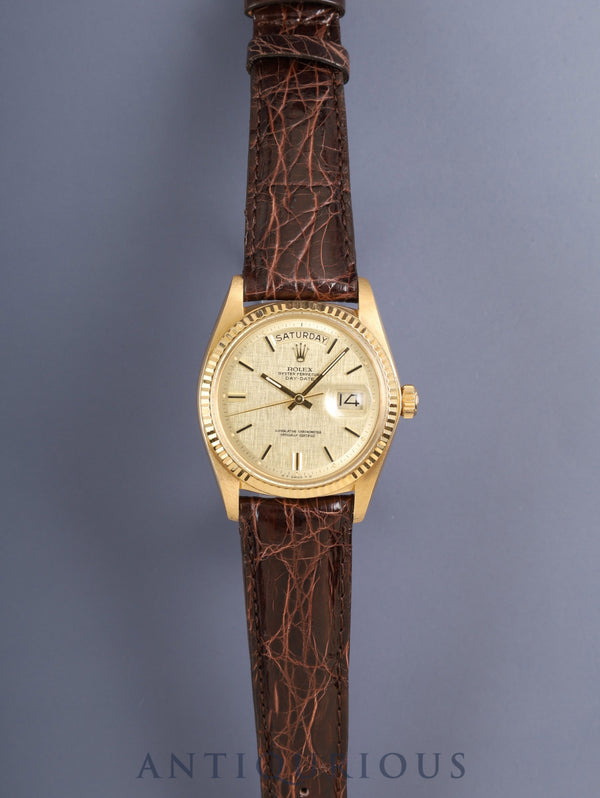 ロレックス デイデイト 1803 自動巻き Cal.1556 750YG 革 純正ピンバックル(GP)シグマダイアル シャンパン文字盤 34番台(1971年)オーバーホール済み