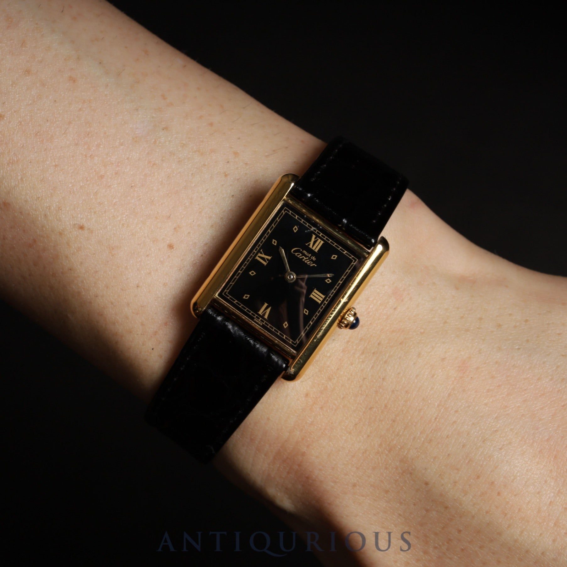 Cartier Must Tank LM 590005 Quartz Caliber 90 SV925 Leather Strap with Genuine GP Buckle, Black Roman Dial, Overhauled