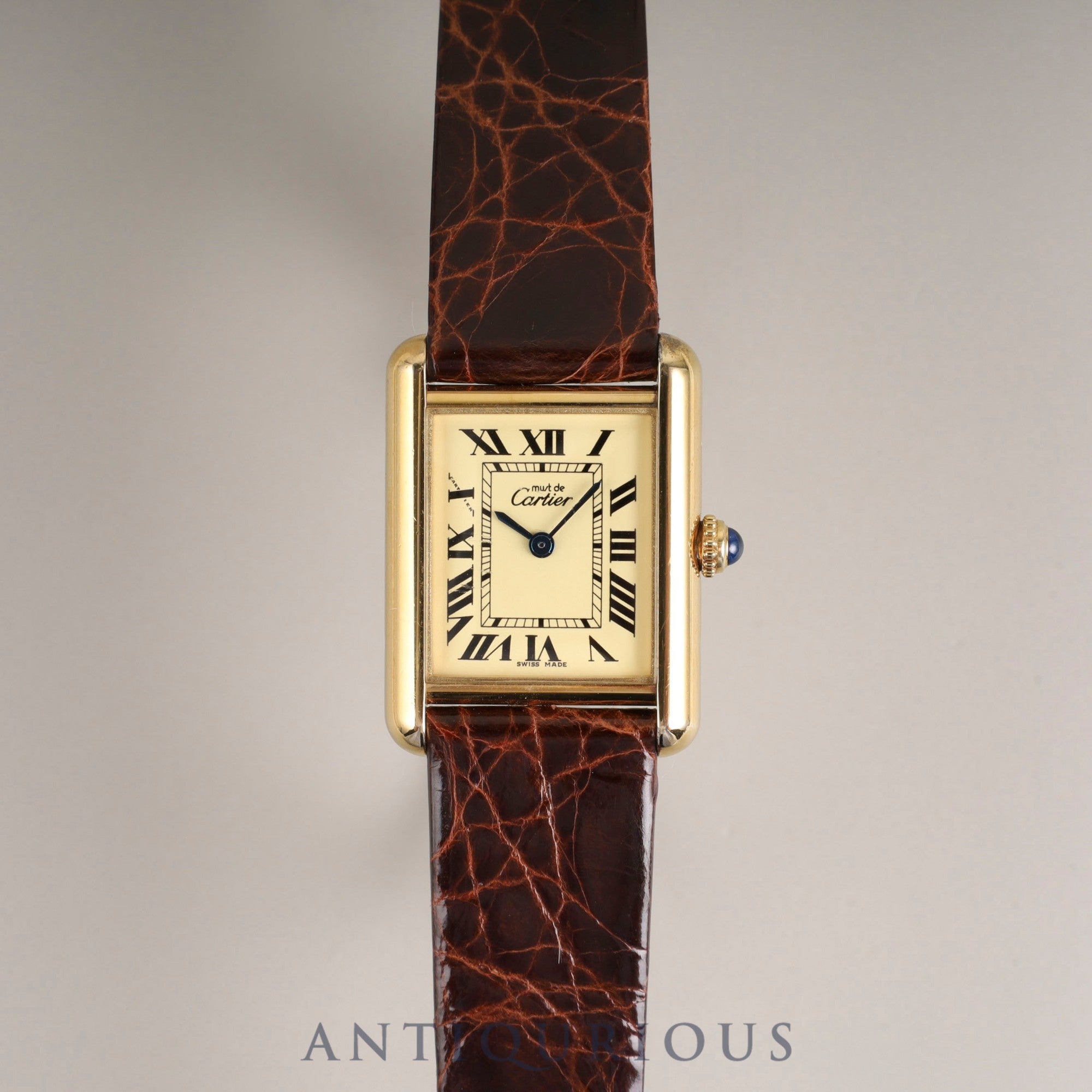 カルティエ マストタンク MM 2415 クォーツ Cal.057 SV925 革 純正尾錠(GP) アイボリーローマン文字盤(ガラス小傷) 箱 冊子 保証書(2004年)オーバーホール済み