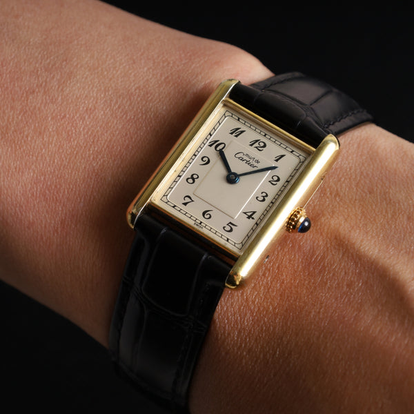 Cartier Must Tank LM 590005 Quartz Cal90 SV925 Leather Genuine D Buckle (GP) Arabic Dial Overhauled